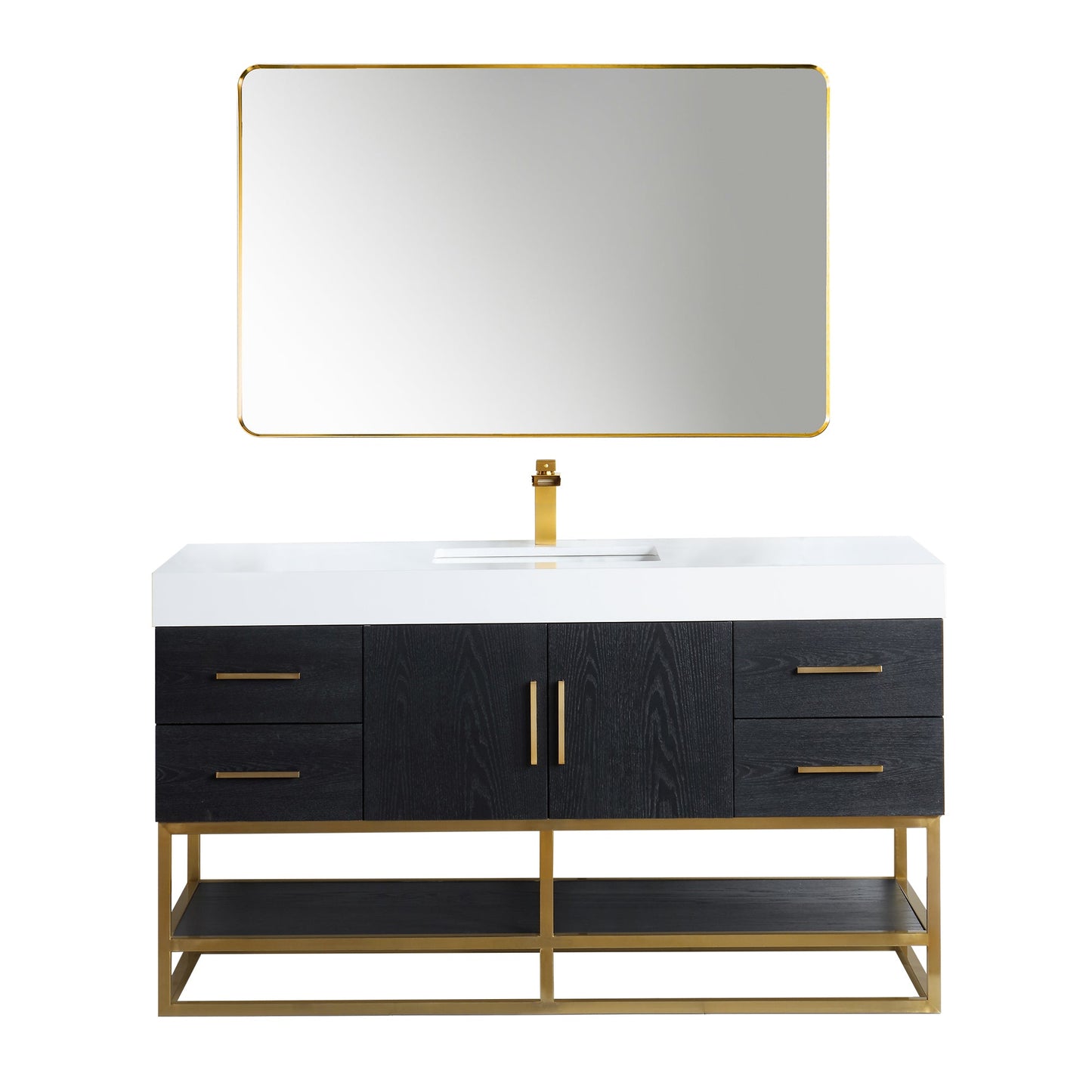 Bianco 60" Single Bathroom Vanity in Black Oak with Brushed Gold Support Base and White Engineered Stone Countertop with Mirror