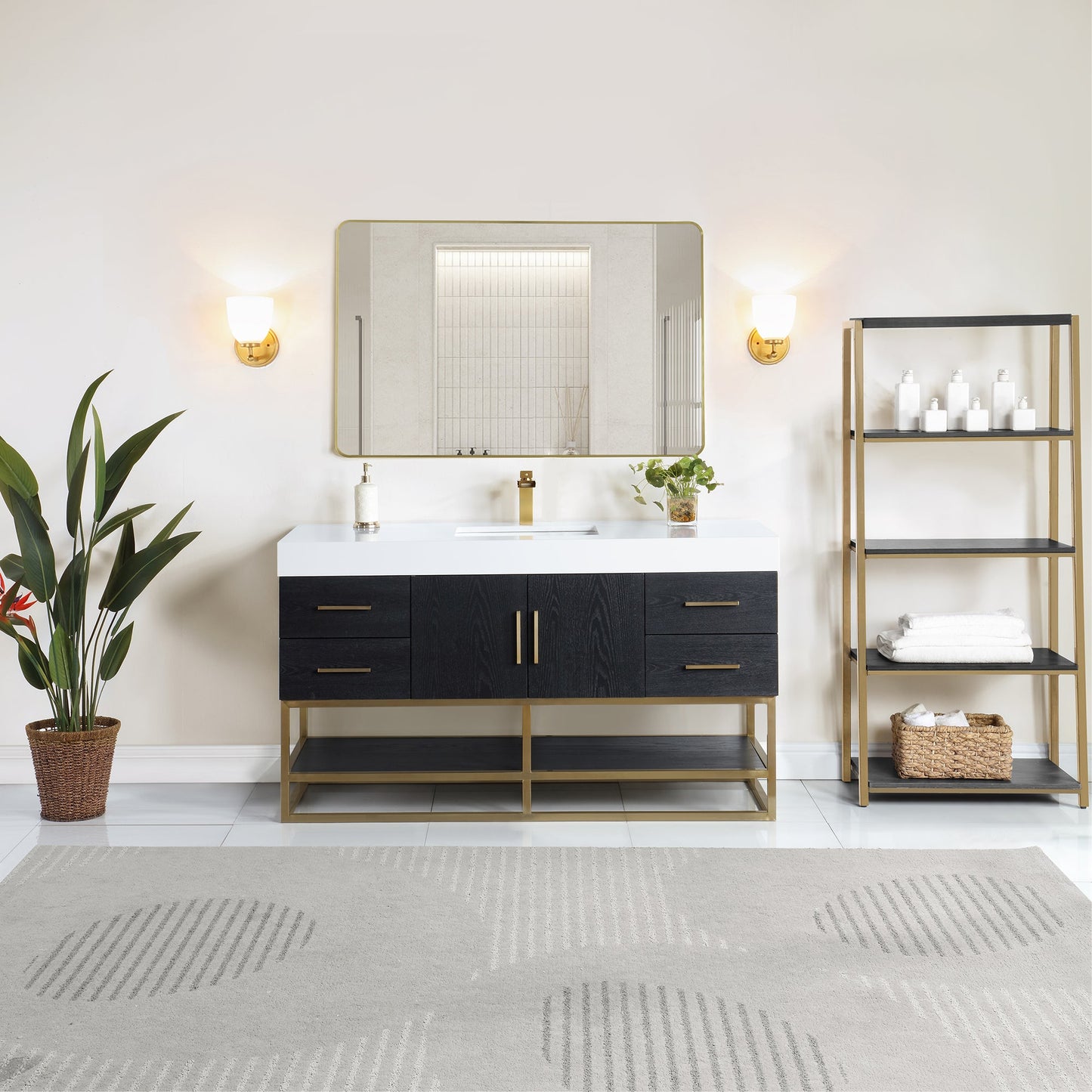 Bianco 60" Single Bathroom Vanity in Black Oak with Brushed Gold Support Base and White Engineered Stone Countertop with Mirror