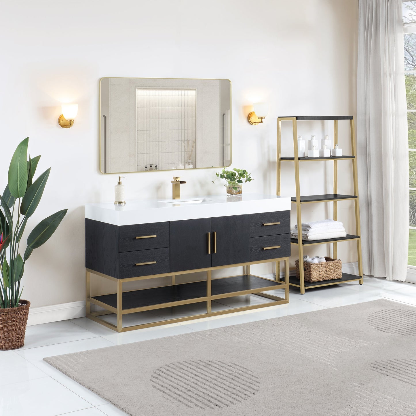 Bianco 60" Single Bathroom Vanity in Black Oak with Brushed Gold Support Base and White Engineered Stone Countertop with Mirror