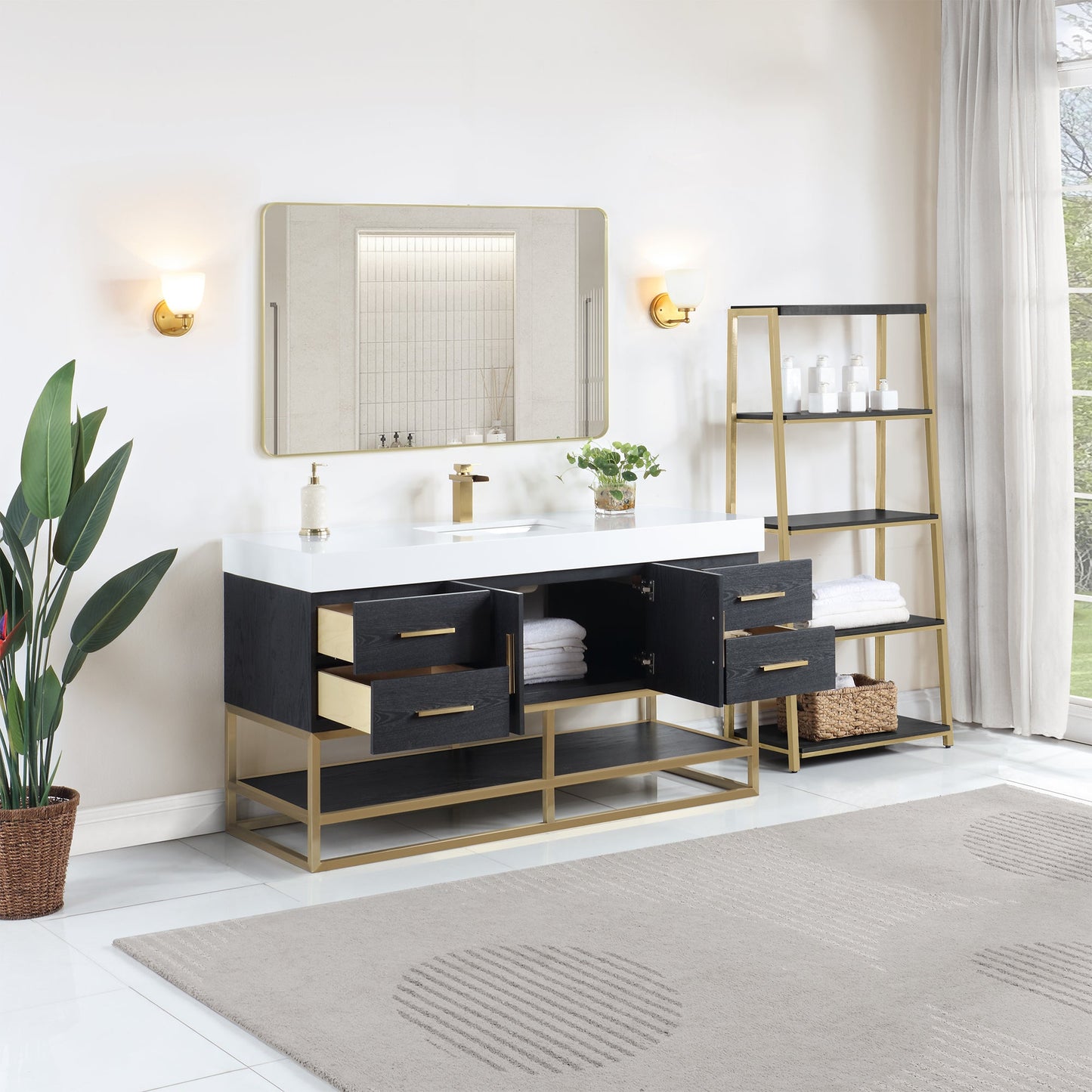 Bianco 60" Single Bathroom Vanity in Black Oak with Brushed Gold Support Base and White Engineered Stone Countertop with Mirror