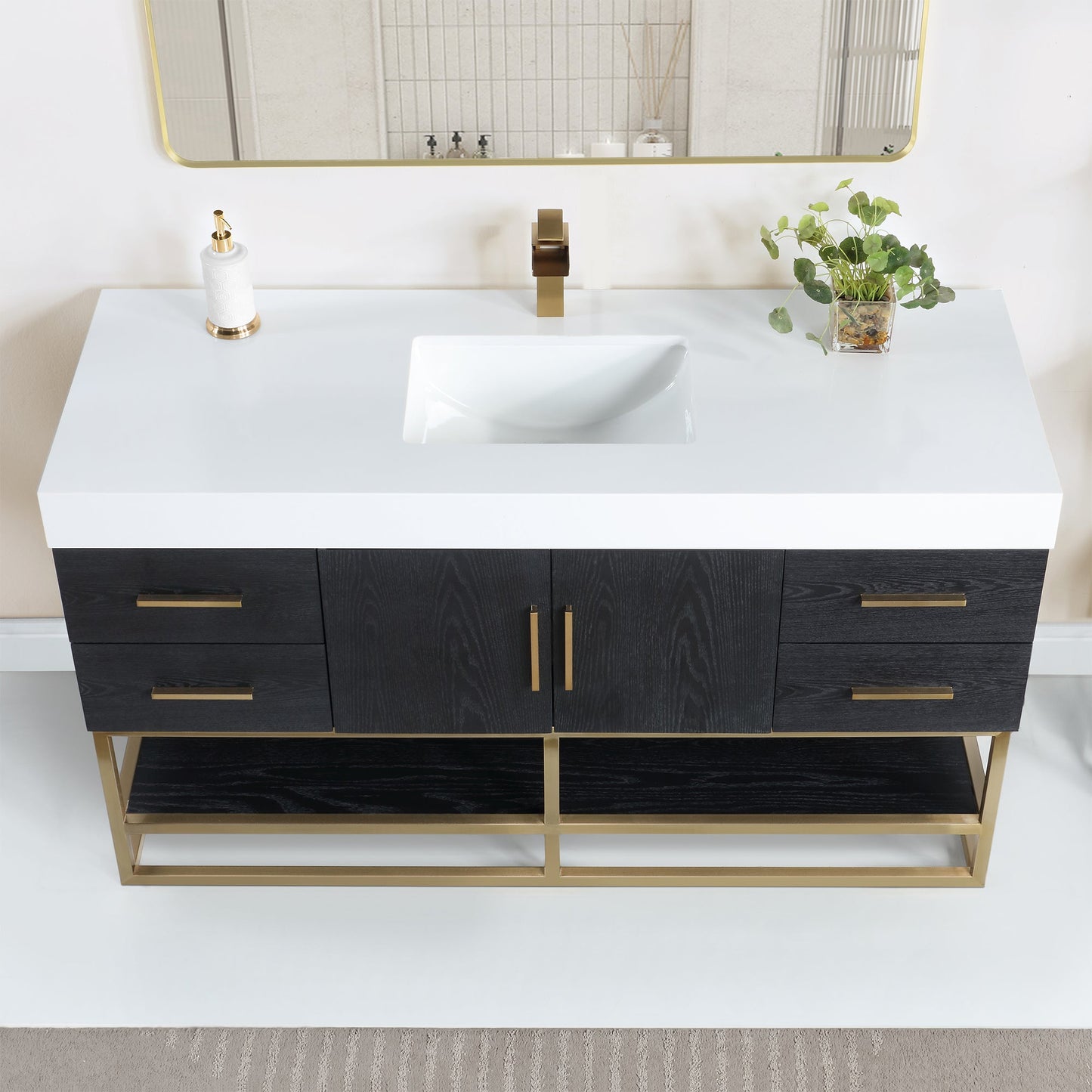 Bianco 60" Single Bathroom Vanity in Black Oak with Brushed Gold Support Base and White Engineered Stone Countertop with Mirror
