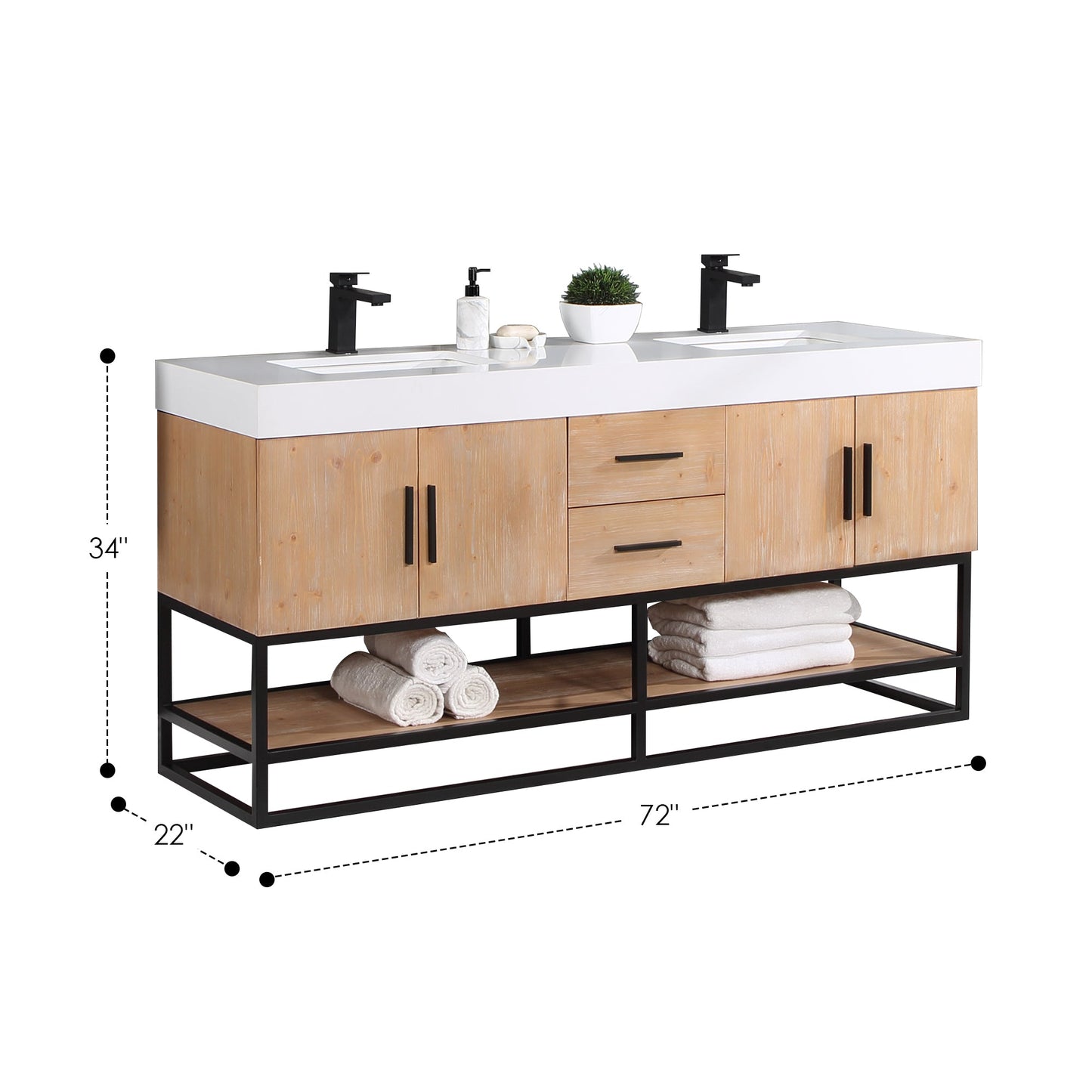 Bianco 72" Double Bathroom Vanity in Light Brown with Matte Black Support Base and White Engineered Stone Countertop without Mirror