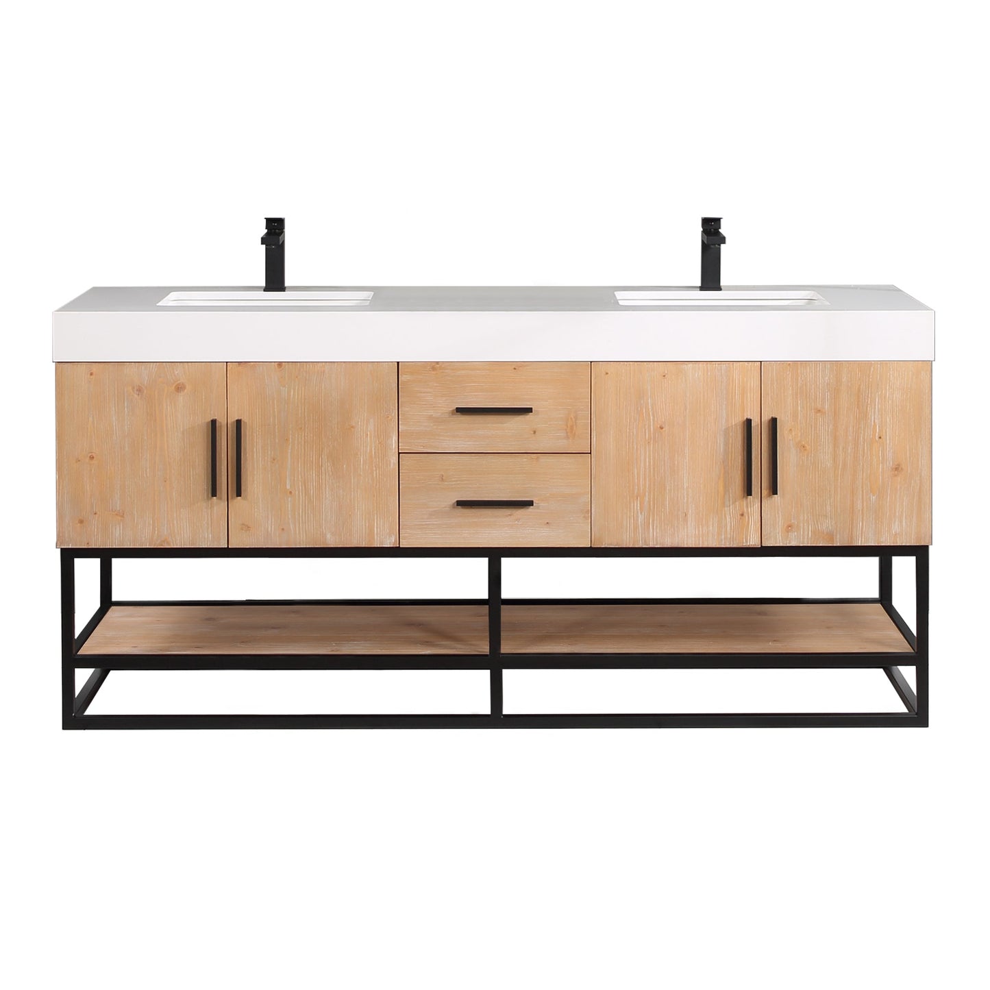Bianco 72" Double Bathroom Vanity in Light Brown with Matte Black Support Base and White Engineered Stone Countertop without Mirror