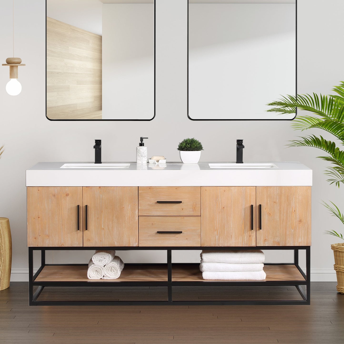 Bianco 72" Double Bathroom Vanity in Light Brown with Matte Black Support Base and White Engineered Stone Countertop without Mirror