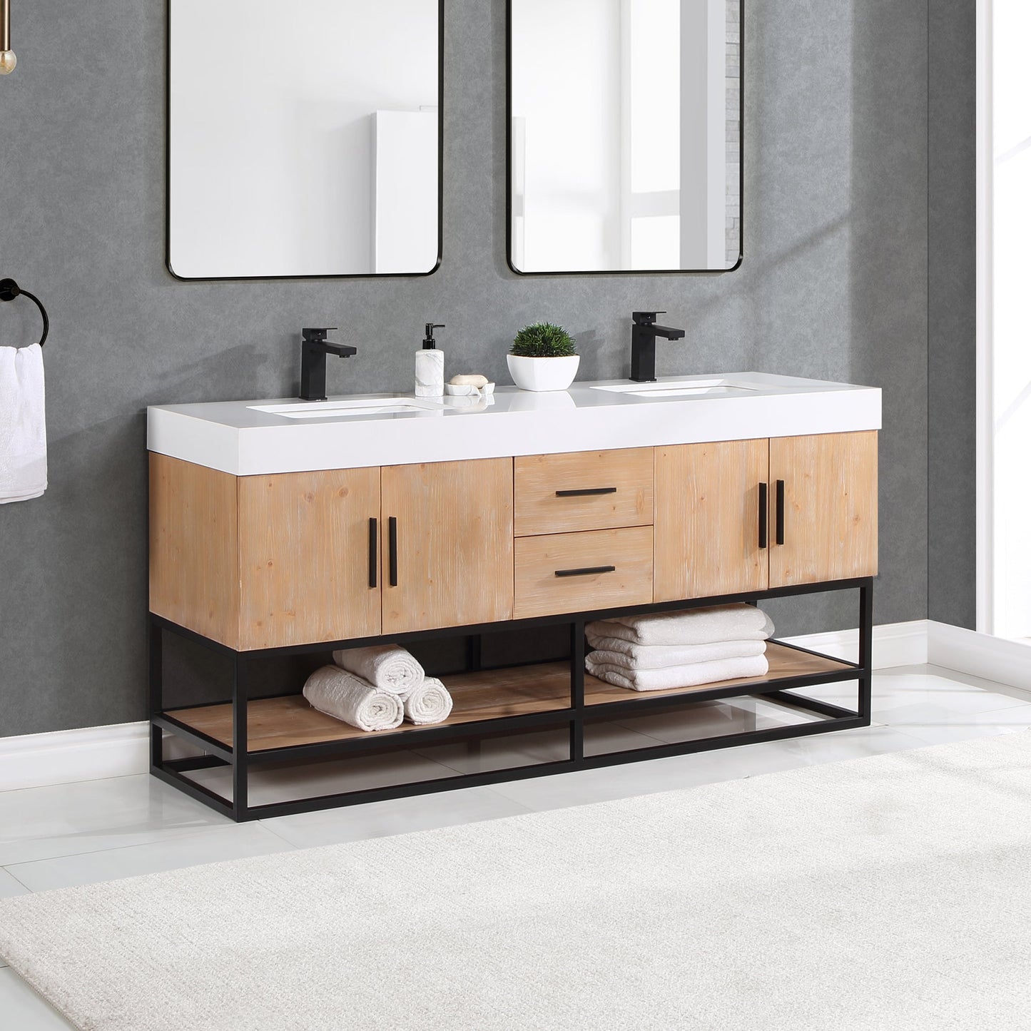 Bianco 72" Double Bathroom Vanity in Light Brown with Matte Black Support Base and White Engineered Stone Countertop without Mirror