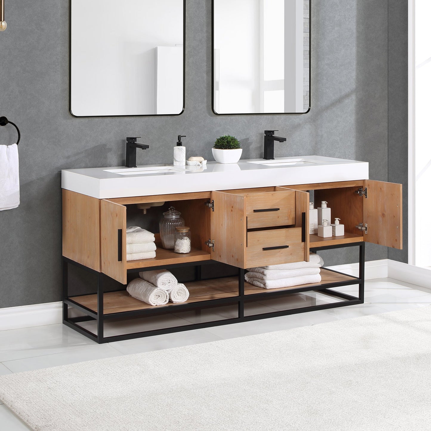 Bianco 72" Double Bathroom Vanity in Light Brown with Matte Black Support Base and White Engineered Stone Countertop without Mirror