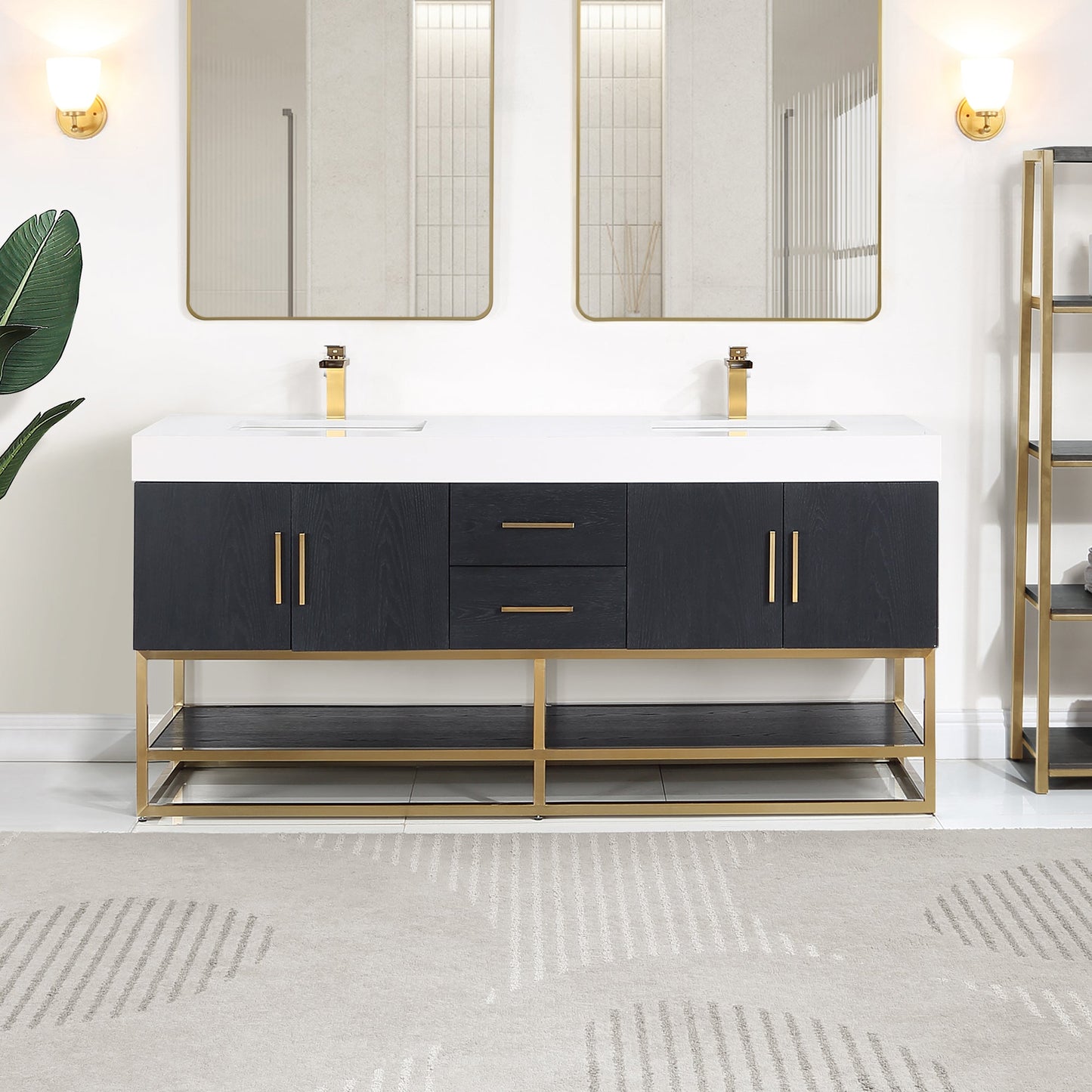 Bianco 72" Double Bathroom Vanity in Black Oak with Brushed Gold Support Base and White Engineered Stone Countertop without Mirror
