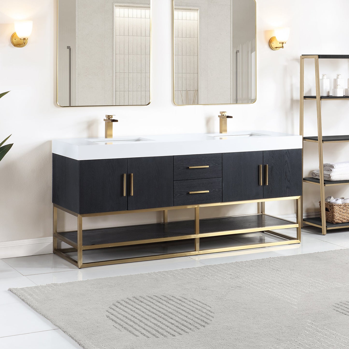 Bianco 72" Double Bathroom Vanity in Black Oak with Brushed Gold Support Base and White Engineered Stone Countertop without Mirror