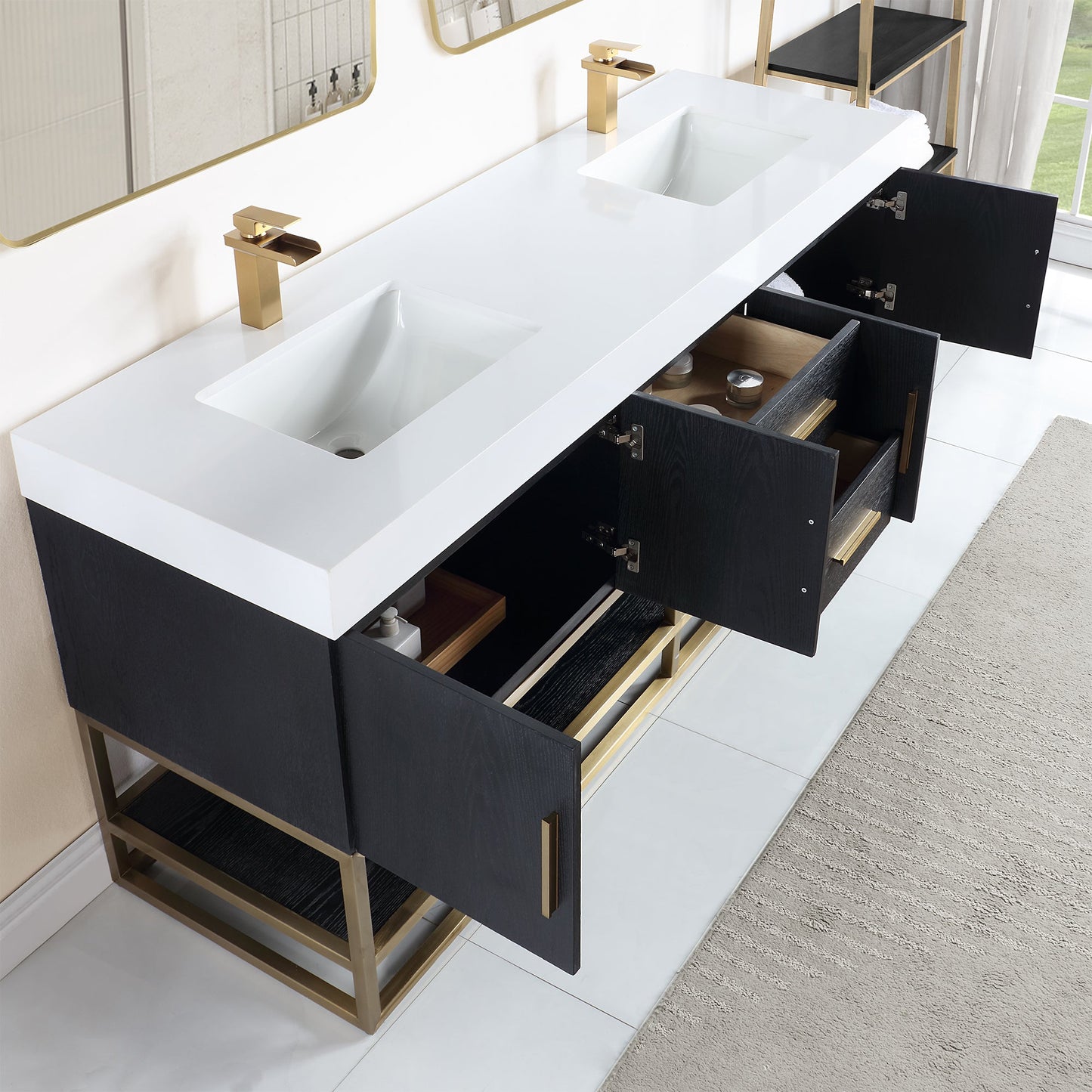 Bianco 72" Double Bathroom Vanity in Black Oak with Brushed Gold Support Base and White Engineered Stone Countertop with Mirror