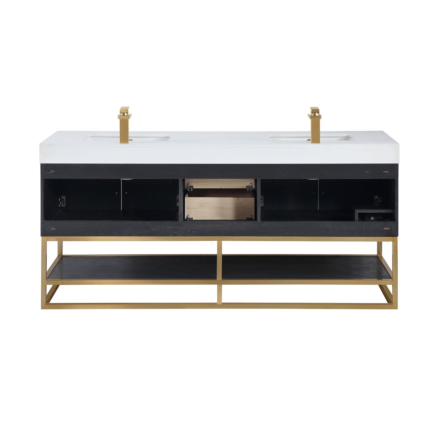 Bianco 72" Double Bathroom Vanity in Black Oak with Brushed Gold Support Base and White Engineered Stone Countertop with Mirror