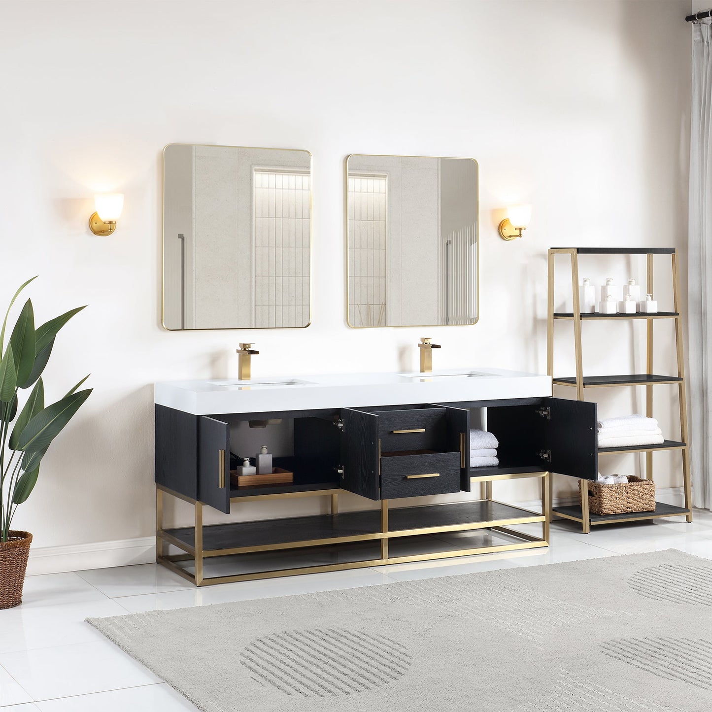 Bianco 72" Double Bathroom Vanity in Black Oak with Brushed Gold Support Base and White Engineered Stone Countertop with Mirror