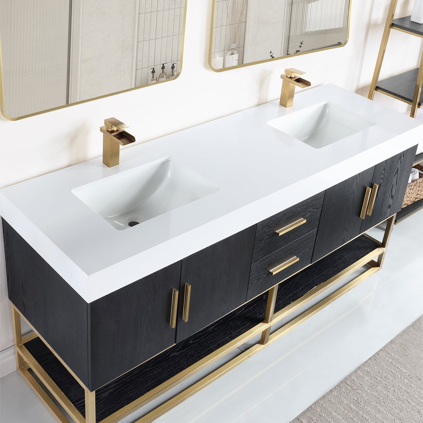 Bianco 72" Double Bathroom Vanity in Black Oak with Brushed Gold Support Base and White Engineered Stone Countertop with Mirror