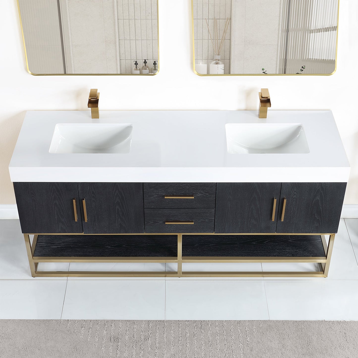 Bianco 72" Double Bathroom Vanity in Black Oak with Brushed Gold Support Base and White Engineered Stone Countertop with Mirror