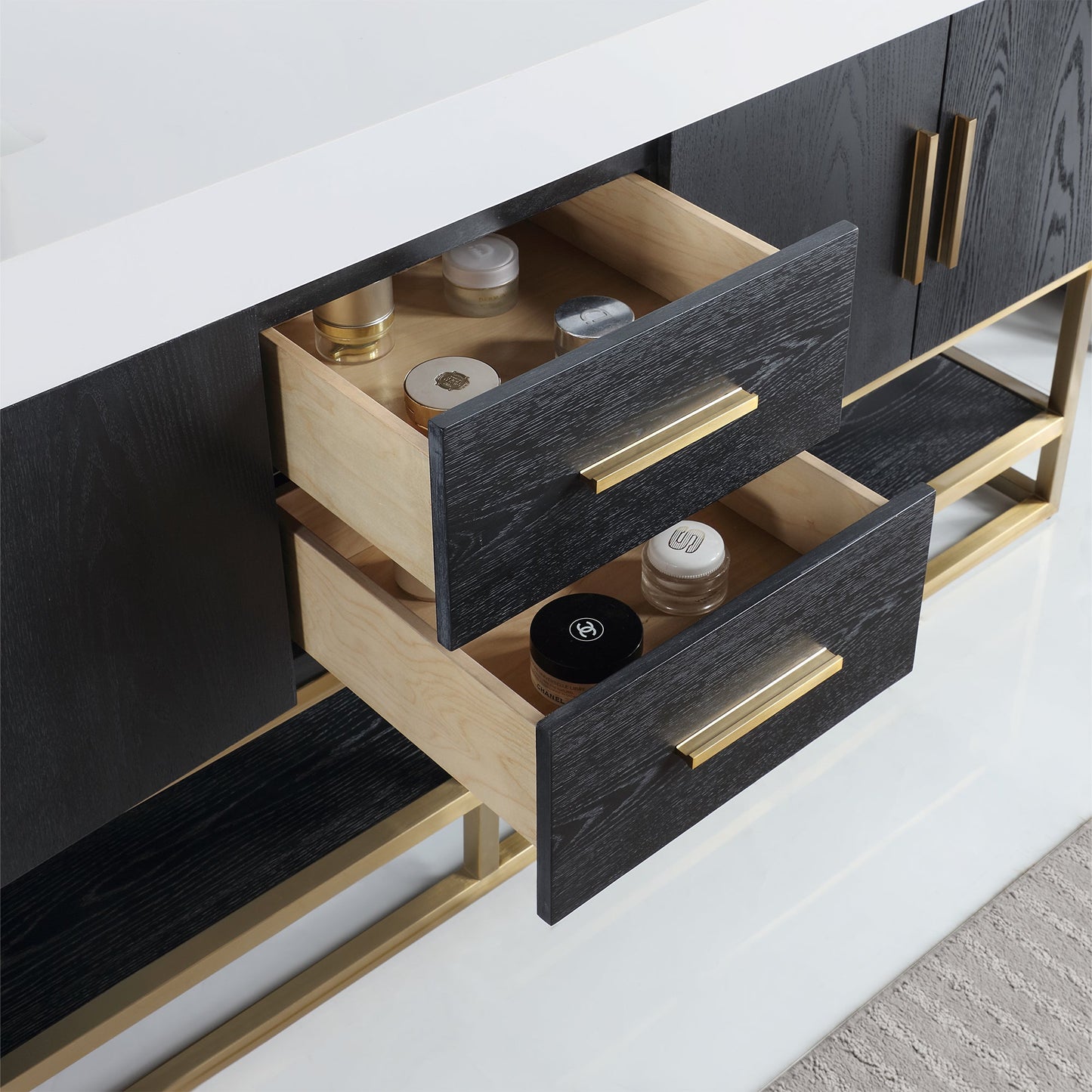 Bianco 72" Double Bathroom Vanity in Black Oak with Brushed Gold Support Base and White Engineered Stone Countertop with Mirror
