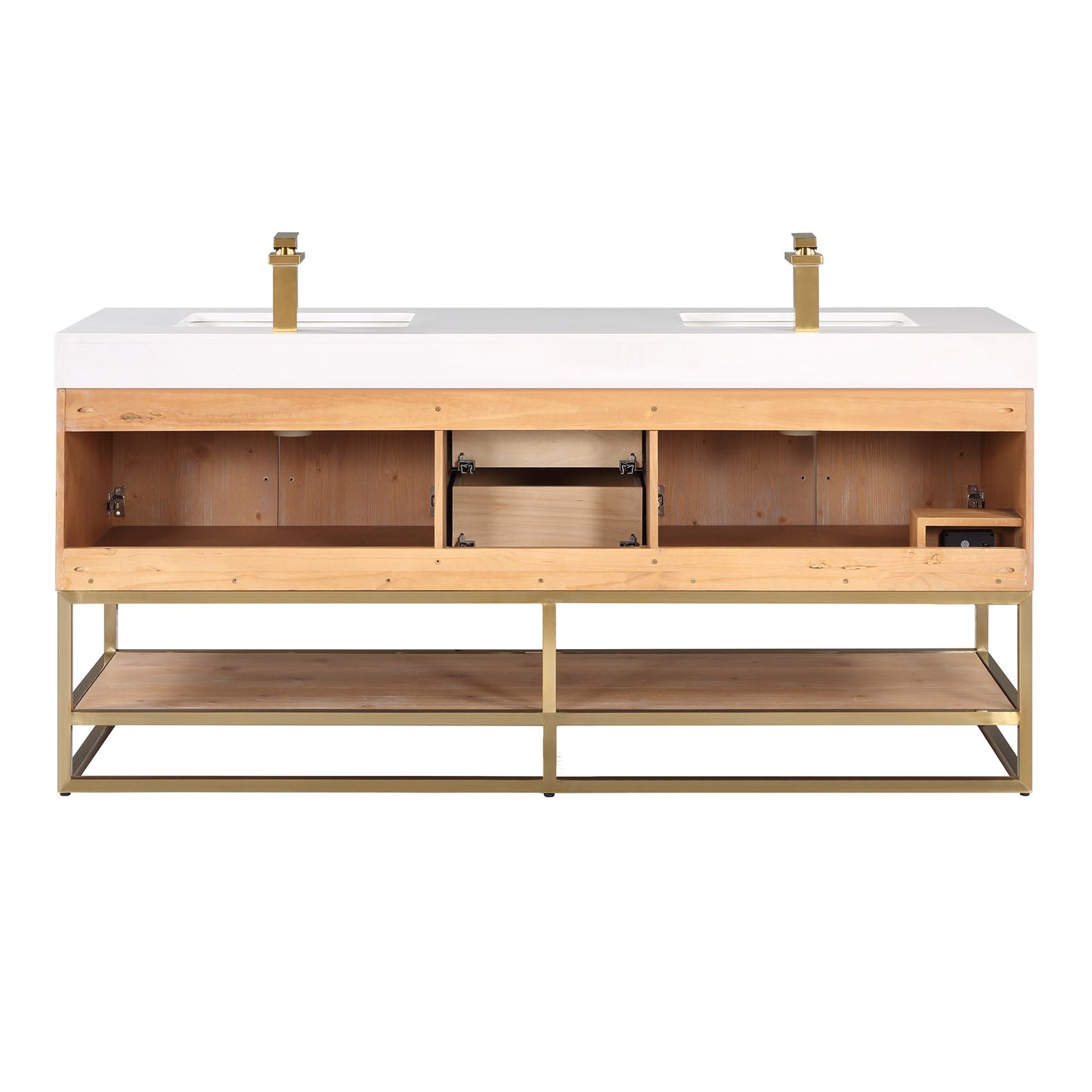 Bianco 72" Double Bathroom Vanity in Light Brown with Brushed Gold Support Base and White Engineered Stone Countertop without Mirror