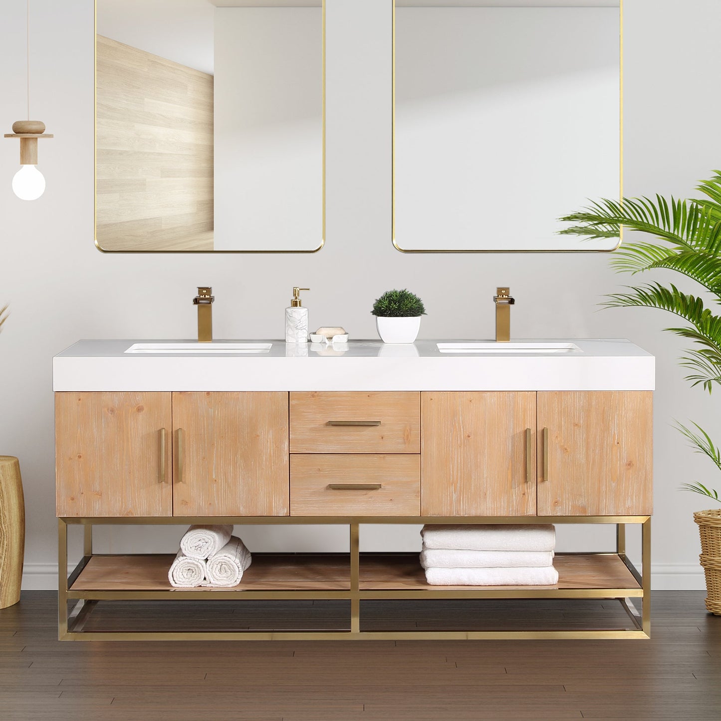 Bianco 72" Double Bathroom Vanity in Light Brown with Brushed Gold Support Base and White Engineered Stone Countertop without Mirror