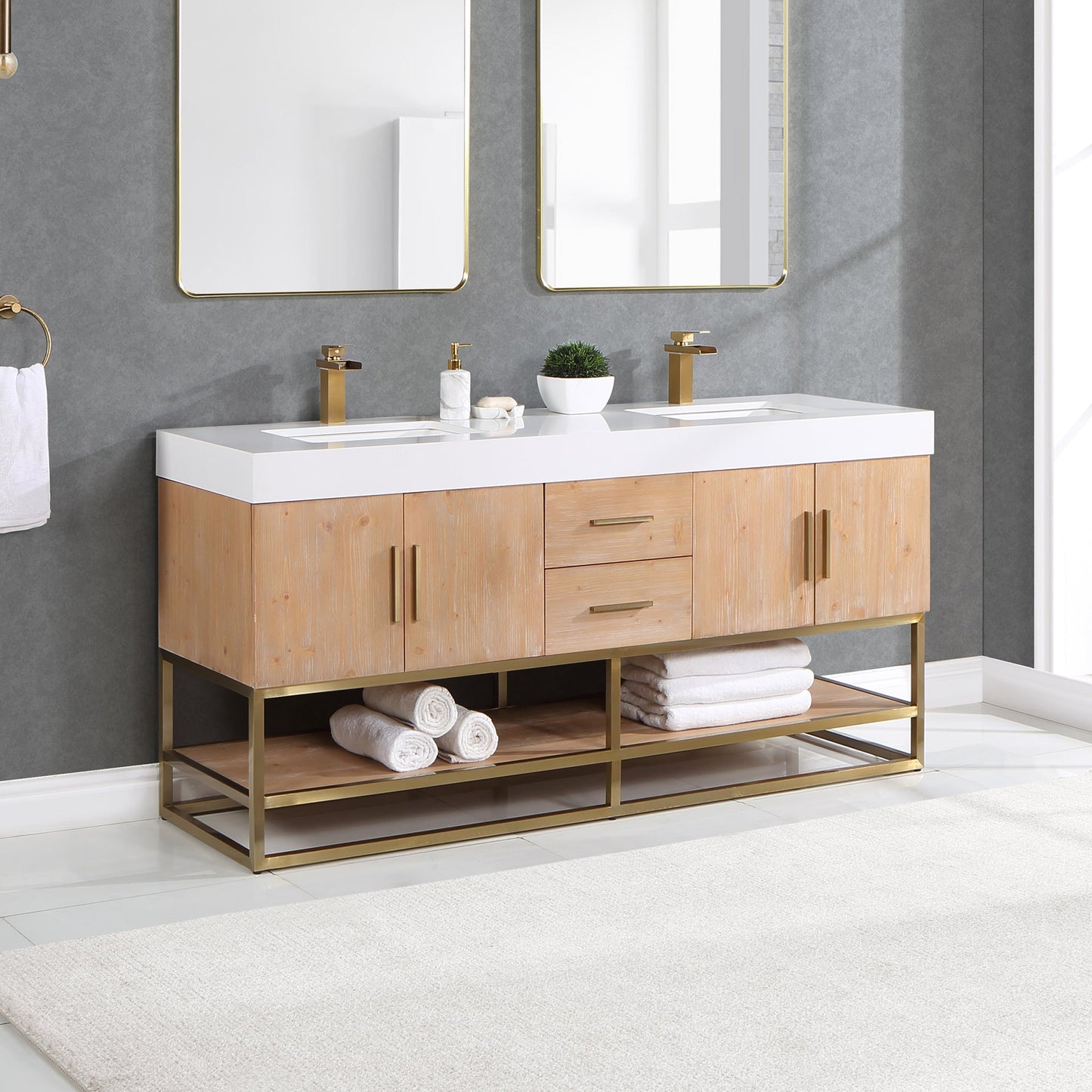 Bianco 72" Double Bathroom Vanity in Light Brown with Brushed Gold Support Base and White Engineered Stone Countertop without Mirror