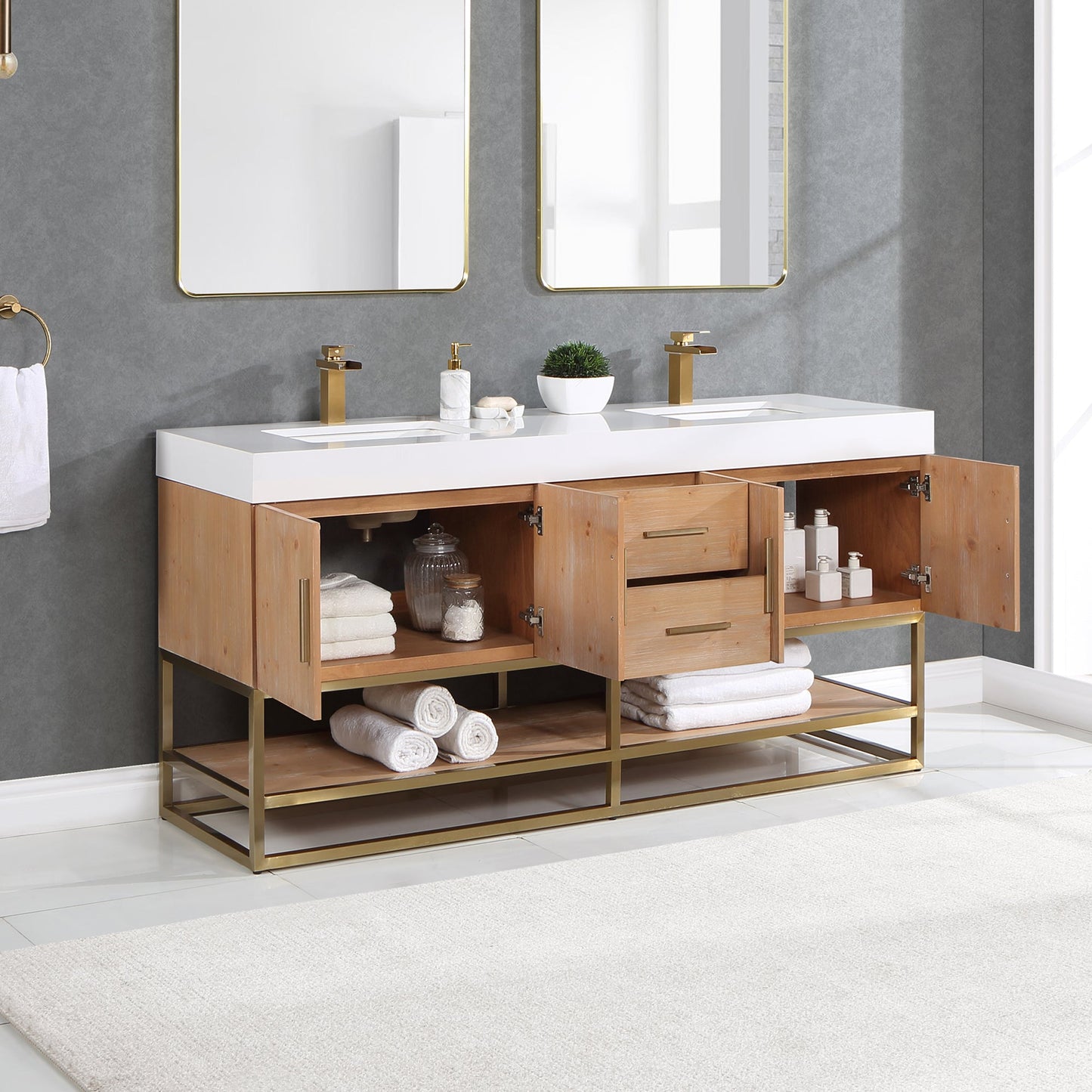 Bianco 72" Double Bathroom Vanity in Light Brown with Brushed Gold Support Base and White Engineered Stone Countertop without Mirror