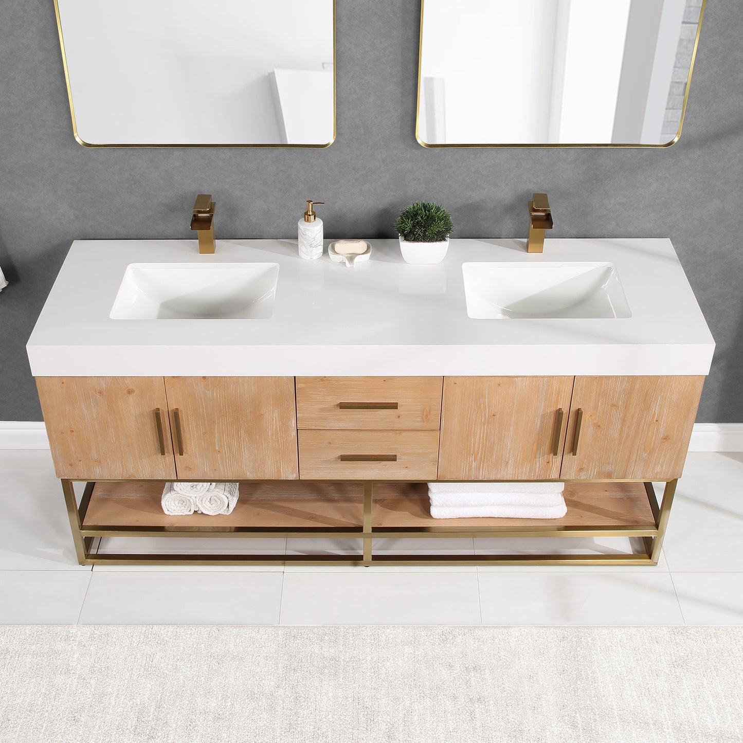 Bianco 72" Double Bathroom Vanity in Light Brown with Brushed Gold Support Base and White Engineered Stone Countertop without Mirror