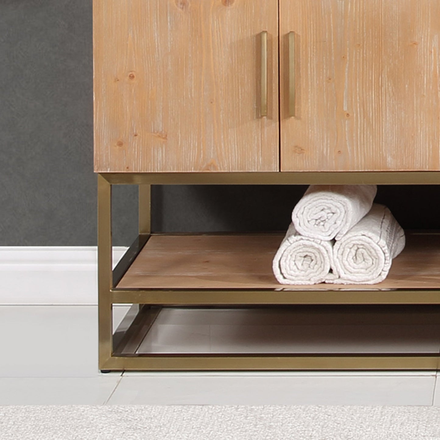 Bianco 72" Double Bathroom Vanity in Light Brown with Brushed Gold Support Base and White Engineered Stone Countertop without Mirror