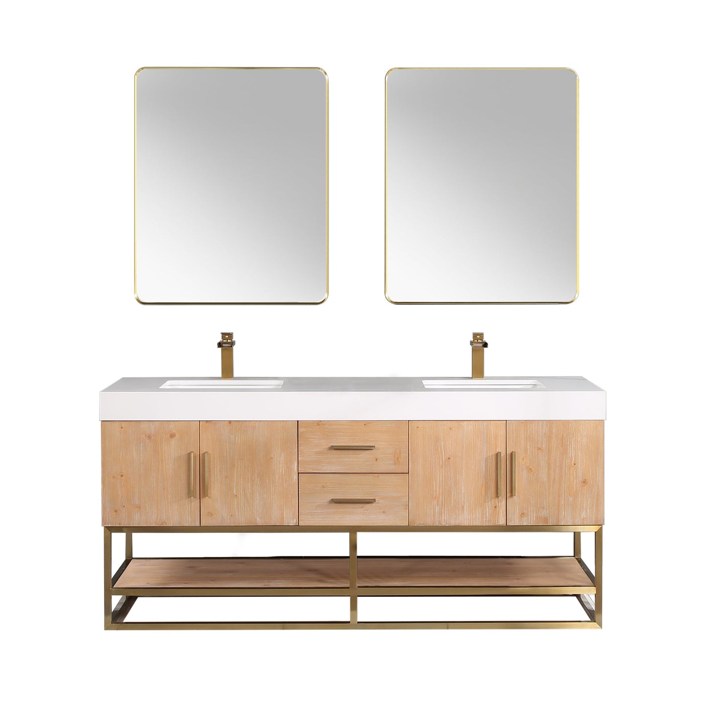 Bianco 72" Double Bathroom Vanity in Light Brown with Brushed Gold Support Base and White Engineered Stone Countertop with Mirror