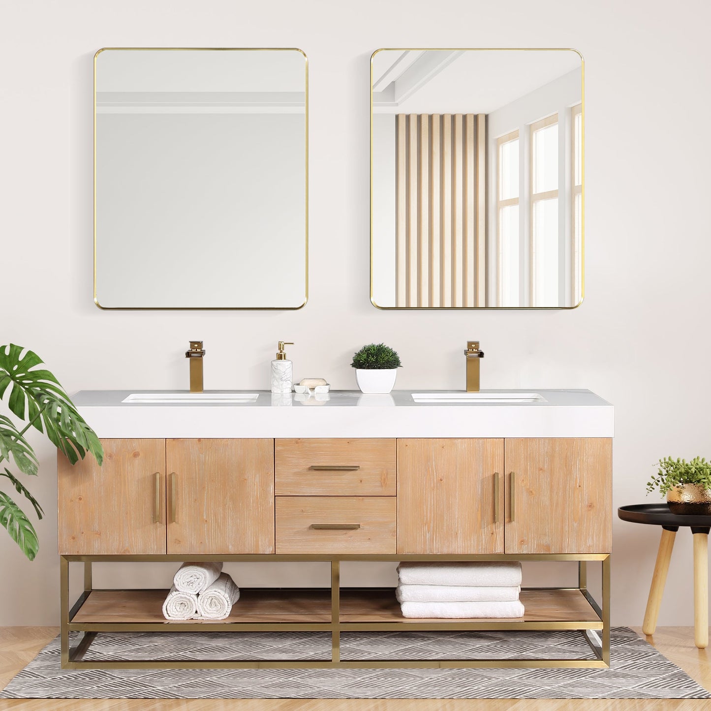 Bianco 72" Double Bathroom Vanity in Light Brown with Brushed Gold Support Base and White Engineered Stone Countertop with Mirror