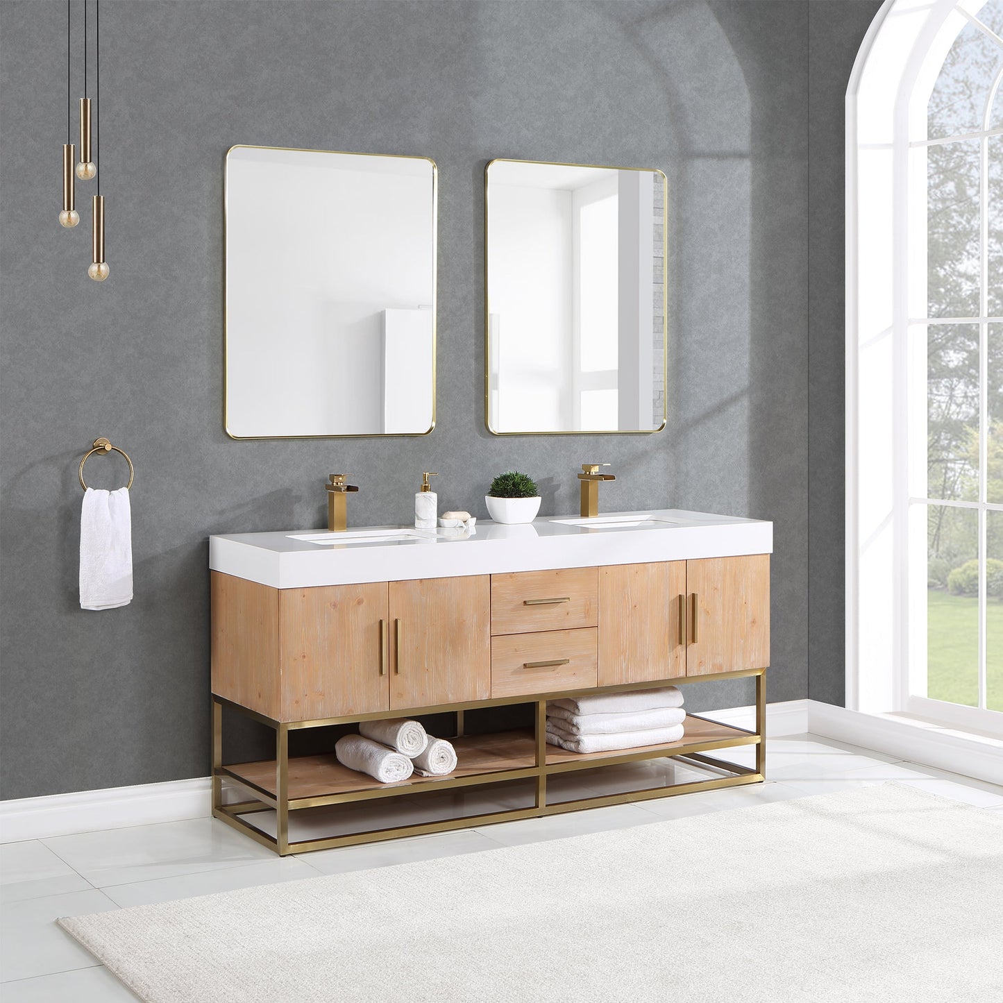 Bianco 72" Double Bathroom Vanity in Light Brown with Brushed Gold Support Base and White Engineered Stone Countertop with Mirror