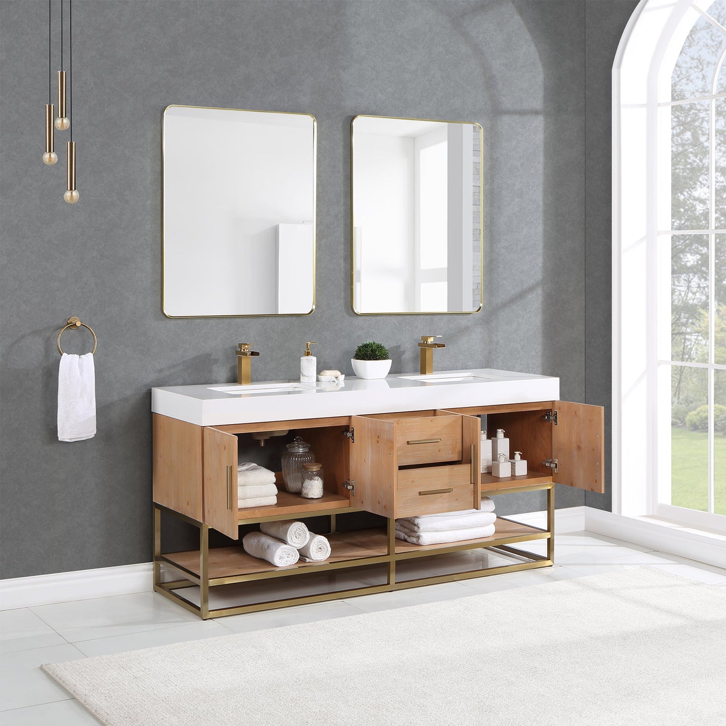 Bianco 72" Double Bathroom Vanity in Light Brown with Brushed Gold Support Base and White Engineered Stone Countertop with Mirror