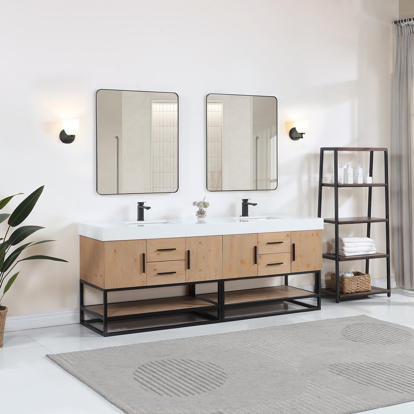Bianco 84" Double Bathroom Vanity in Light Brown with Matte Black Support Base and White Engineered Stone Countertop with Mirror