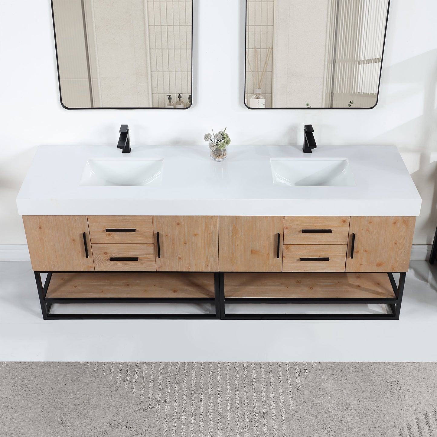 Bianco 84" Double Bathroom Vanity in Light Brown with Matte Black Support Base and White Engineered Stone Countertop with Mirror