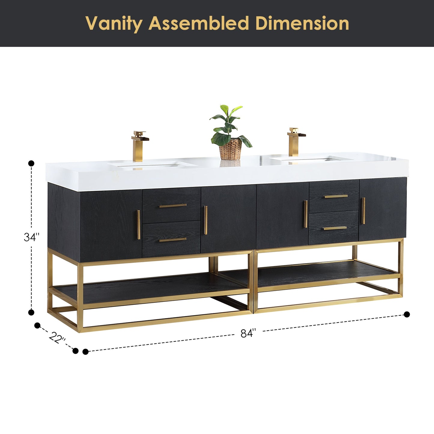Bianco 84" Double Bathroom Vanity in Black Oak with Brushed Gold Support Base and White Engineered Stone Countertop without Mirror