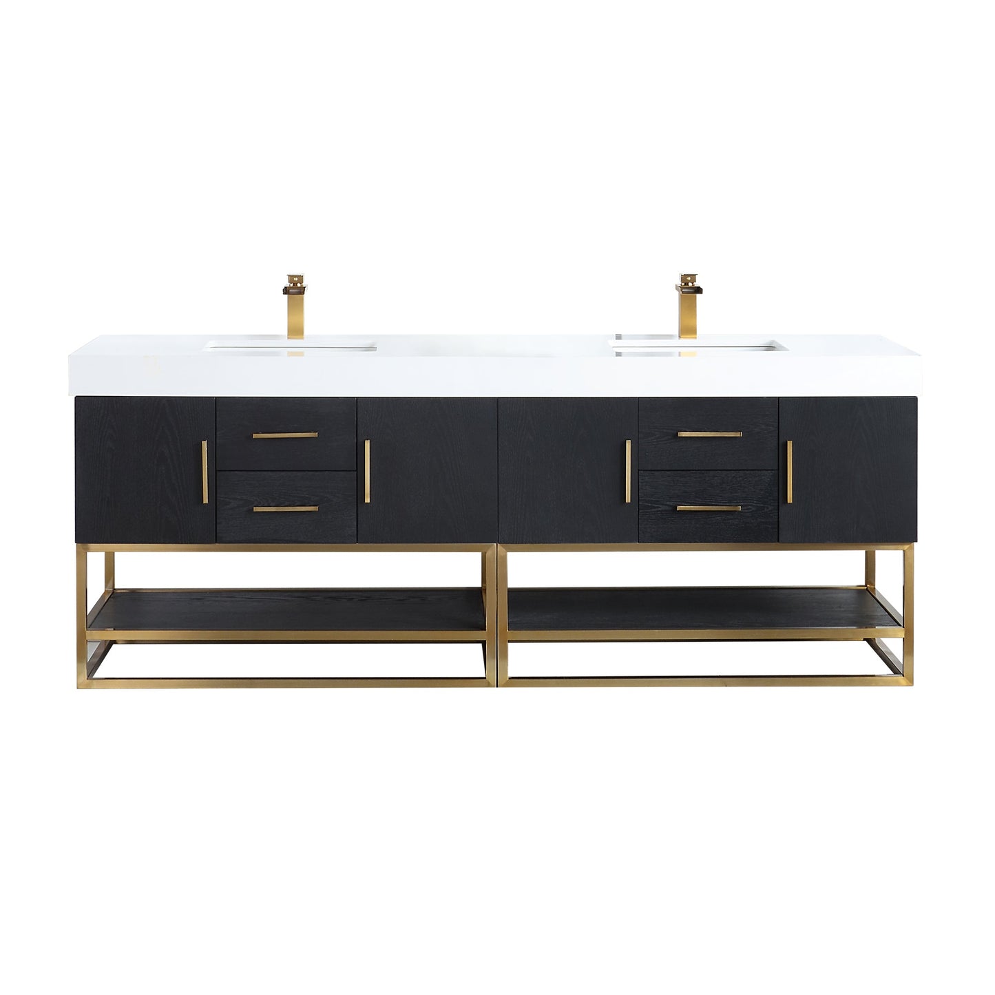 Bianco 84" Double Bathroom Vanity in Black Oak with Brushed Gold Support Base and White Engineered Stone Countertop without Mirror