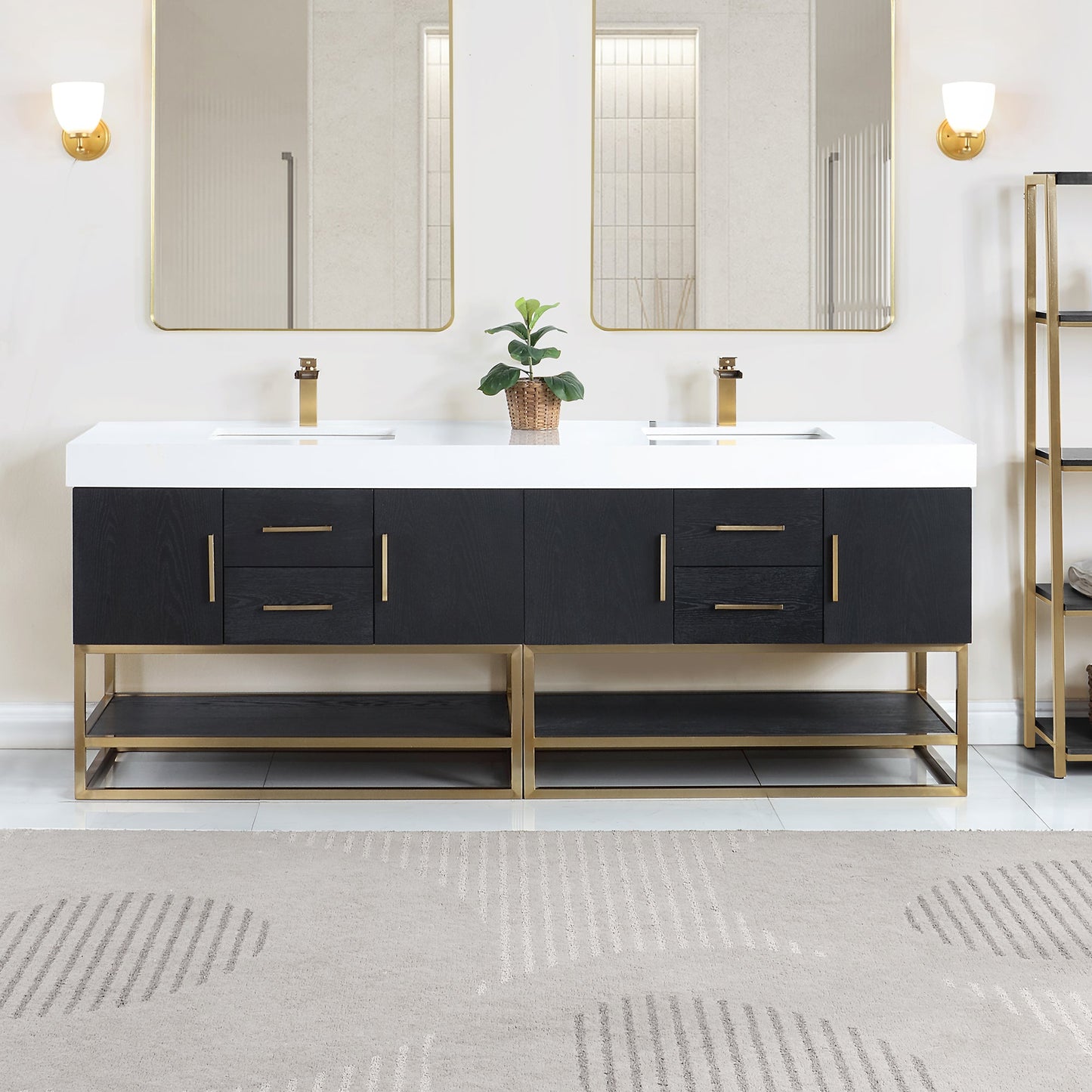 Bianco 84" Double Bathroom Vanity in Black Oak with Brushed Gold Support Base and White Engineered Stone Countertop without Mirror