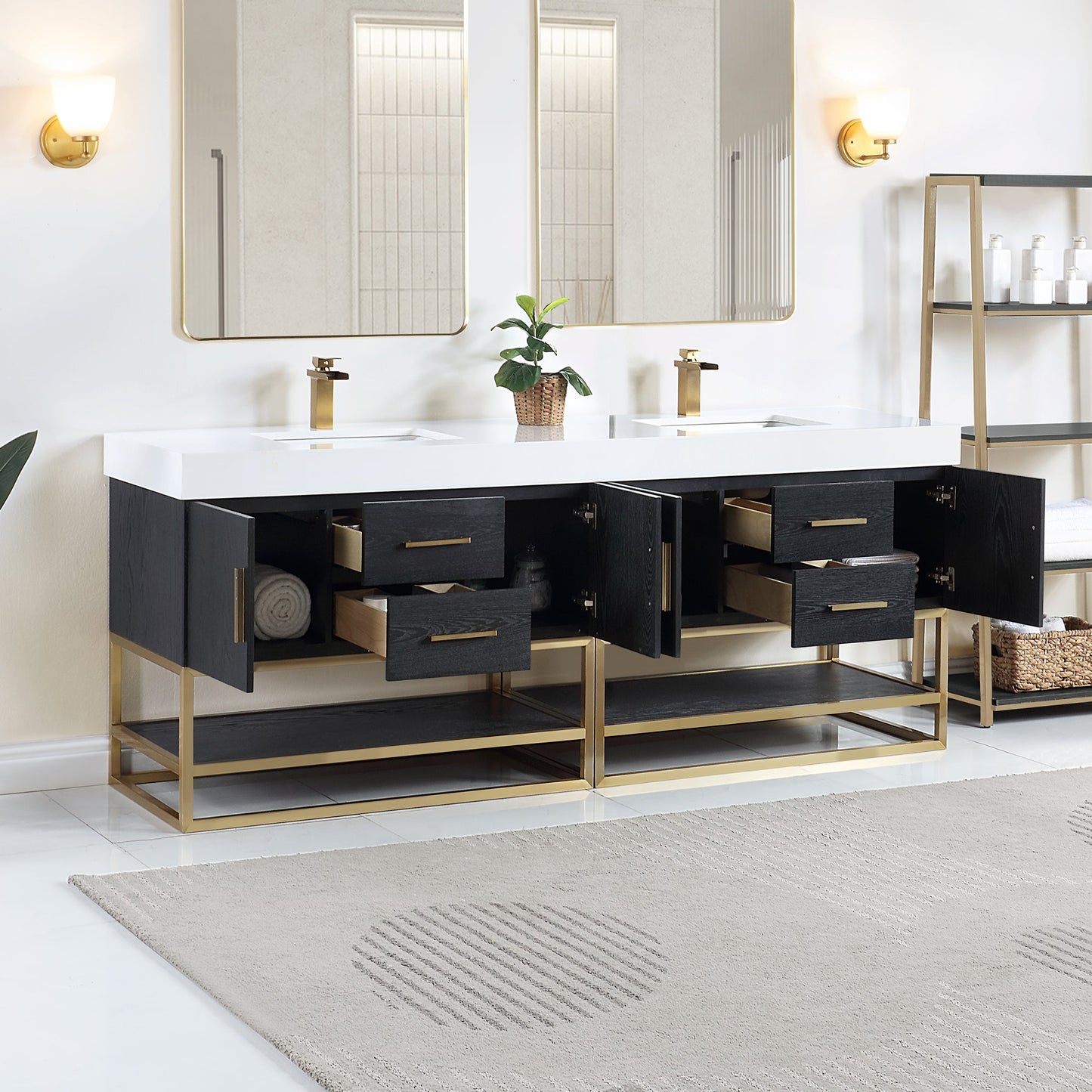 Bianco 84" Double Bathroom Vanity in Black Oak with Brushed Gold Support Base and White Engineered Stone Countertop without Mirror