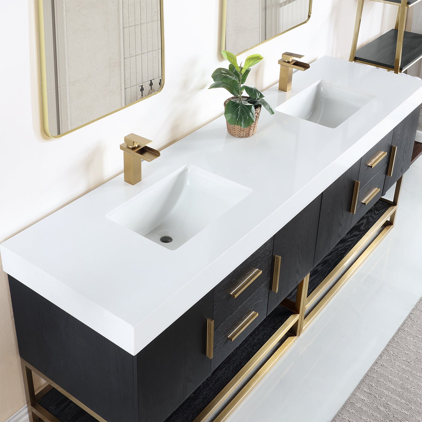 Bianco 84" Double Bathroom Vanity in Black Oak with Brushed Gold Support Base and White Engineered Stone Countertop without Mirror