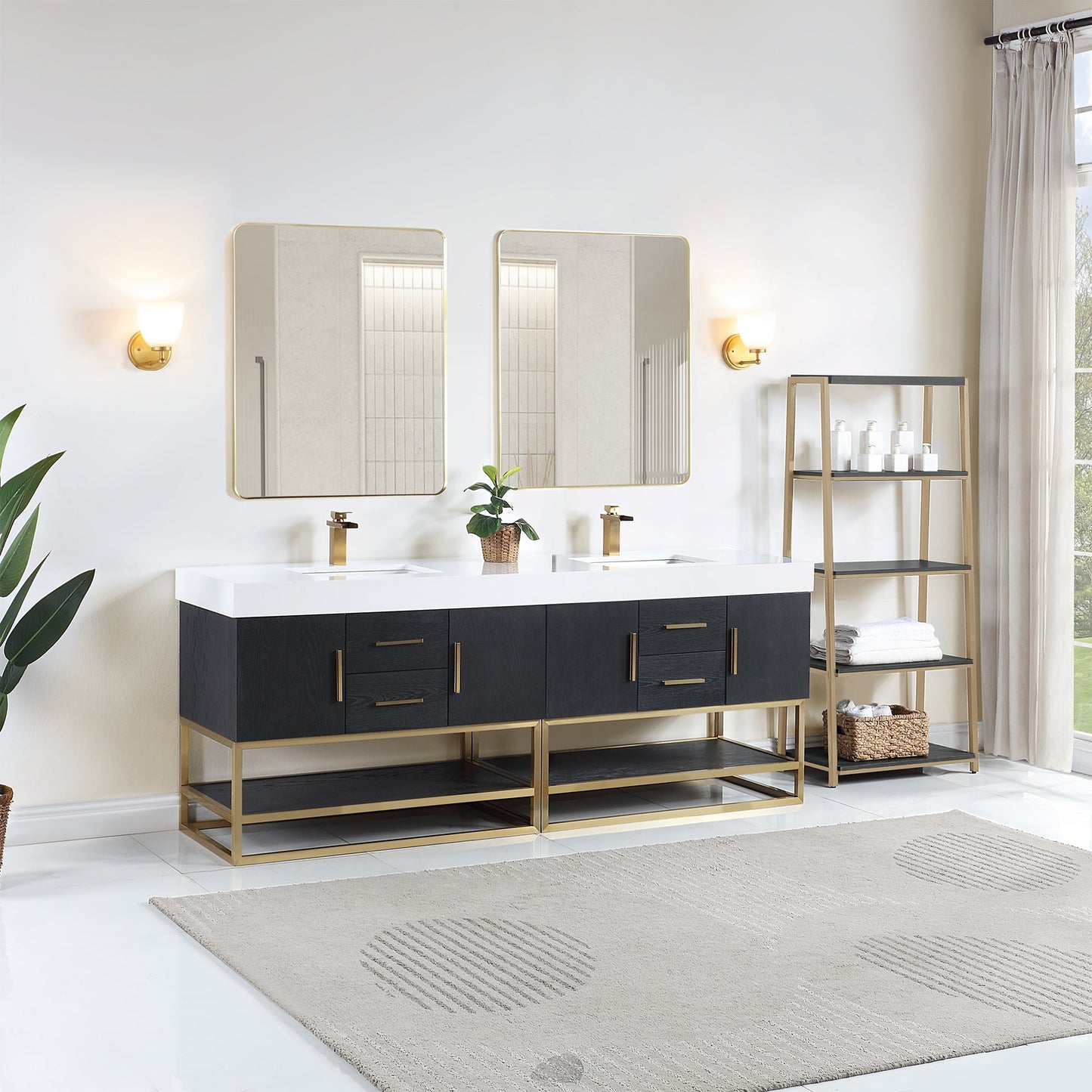 Bianco 84" Double Bathroom Vanity in Black Oak with Brushed Gold Support Base and White Engineered Stone Countertop with Mirror