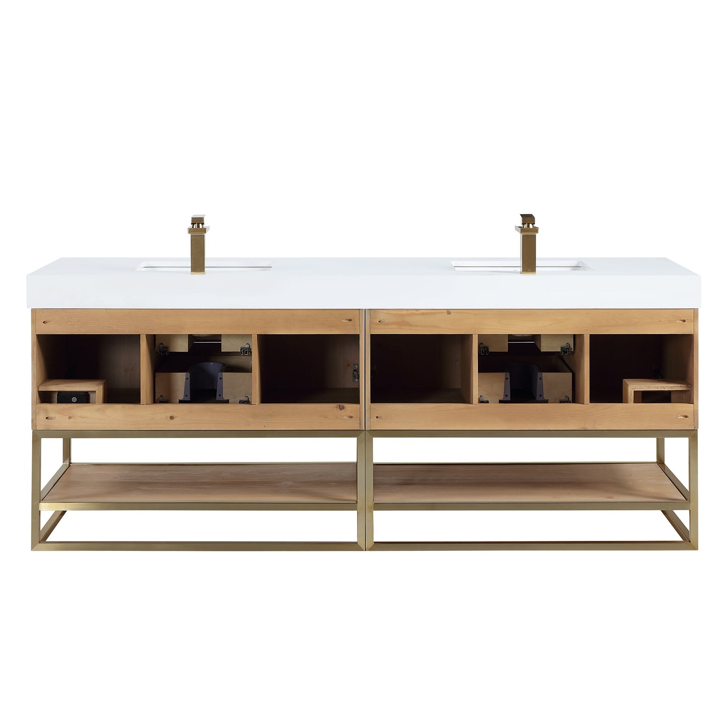 Bianco 84" Double Bathroom Vanity in Light Brown with Brushed Gold Support Base and White Engineered Stone Countertop without Mirror
