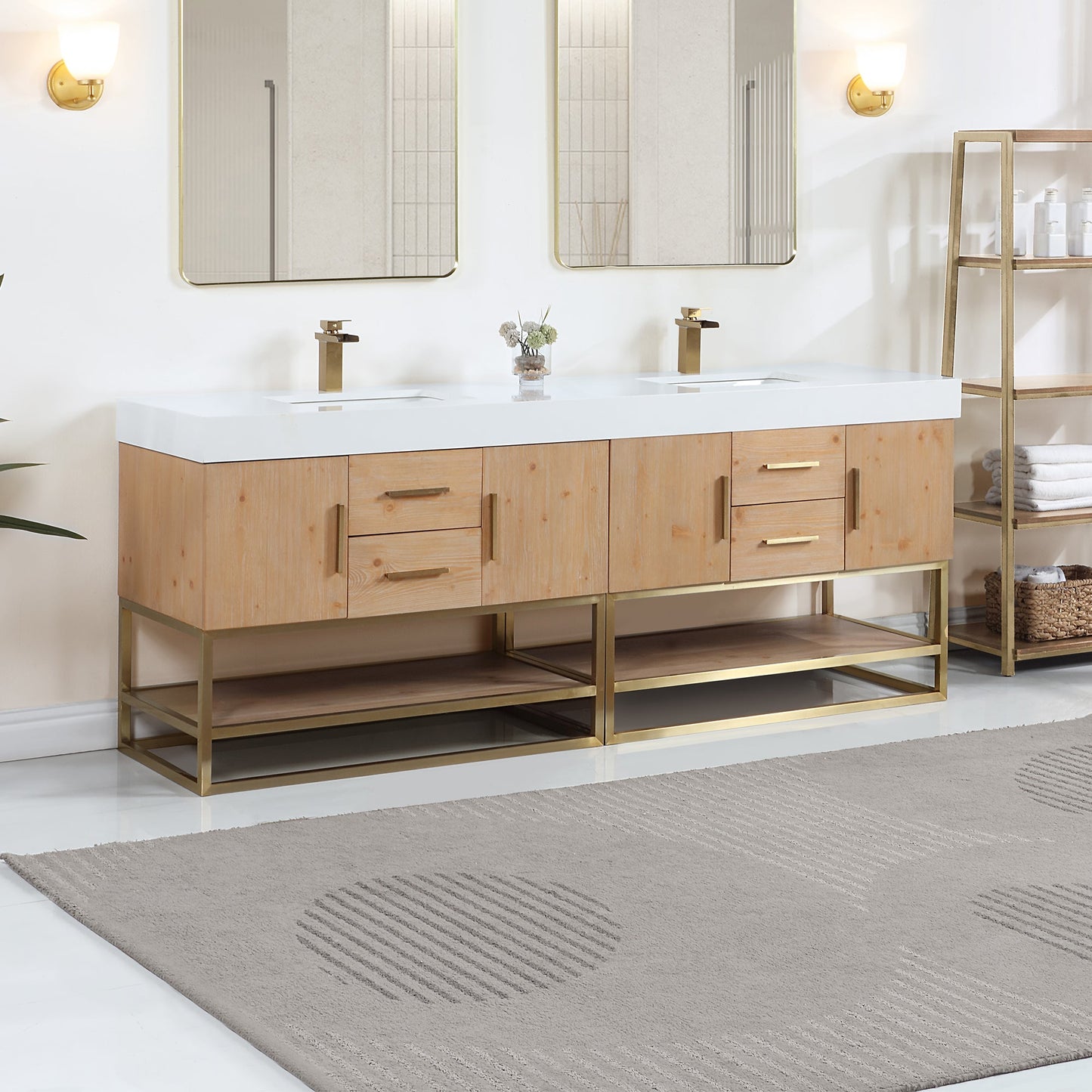 Bianco 84" Double Bathroom Vanity in Light Brown with Brushed Gold Support Base and White Engineered Stone Countertop without Mirror