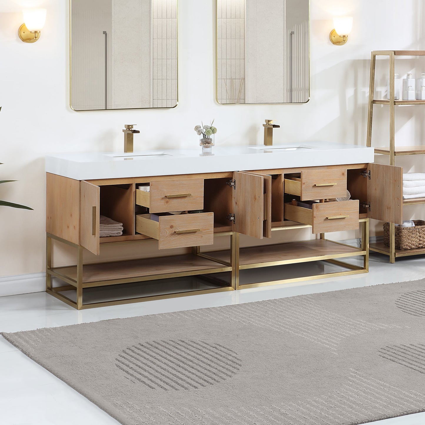 Bianco 84" Double Bathroom Vanity in Light Brown with Brushed Gold Support Base and White Engineered Stone Countertop without Mirror