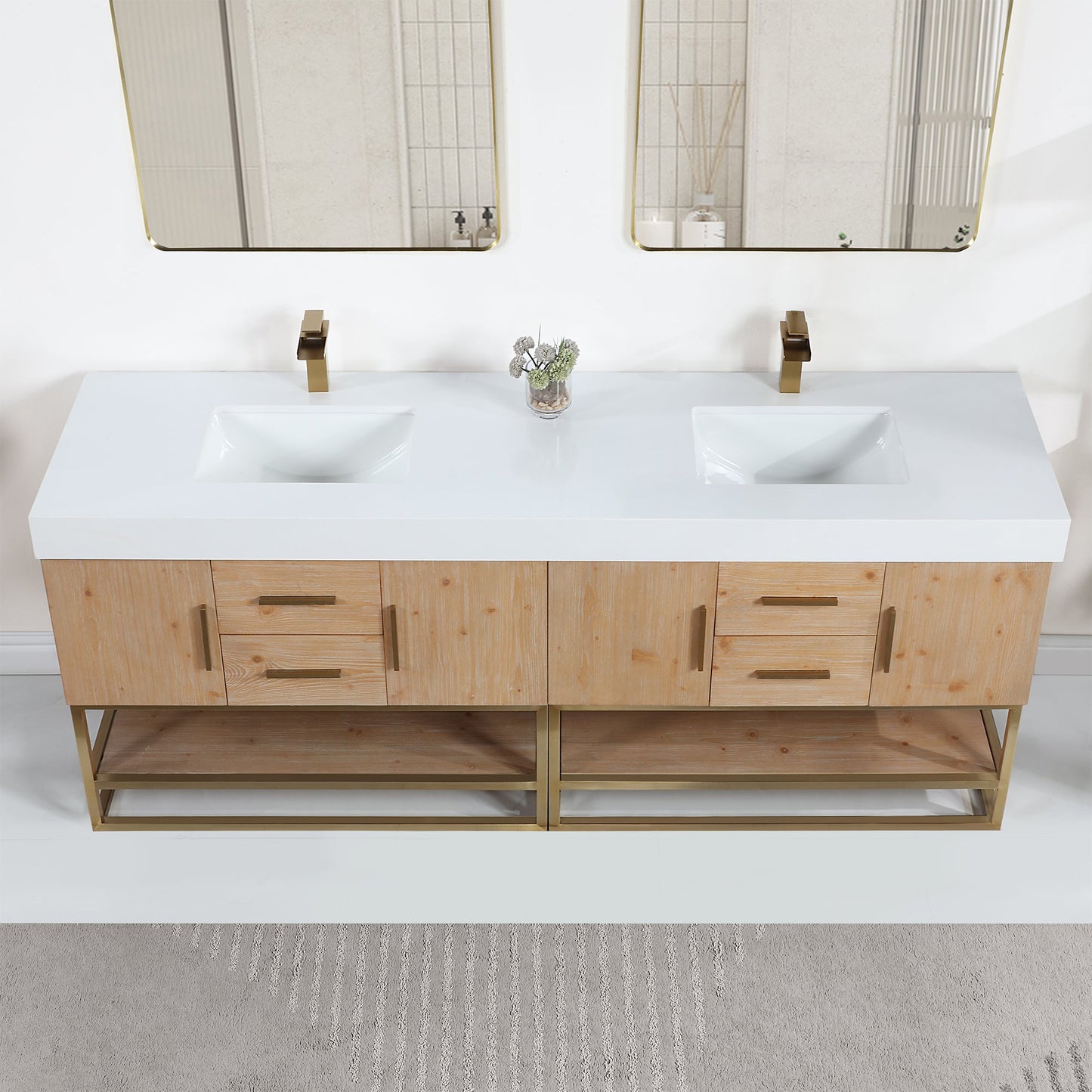 Bianco 84" Double Bathroom Vanity in Light Brown with Brushed Gold Support Base and White Engineered Stone Countertop without Mirror
