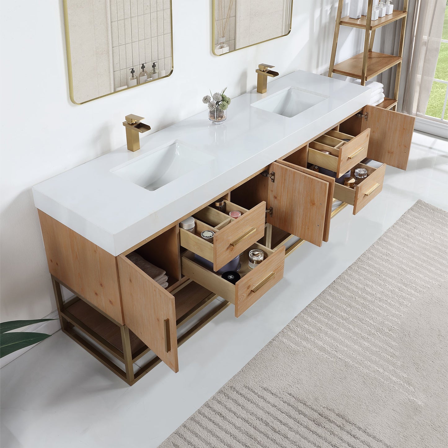 Bianco 84" Double Bathroom Vanity in Light Brown with Brushed Gold Support Base and White Engineered Stone Countertop without Mirror