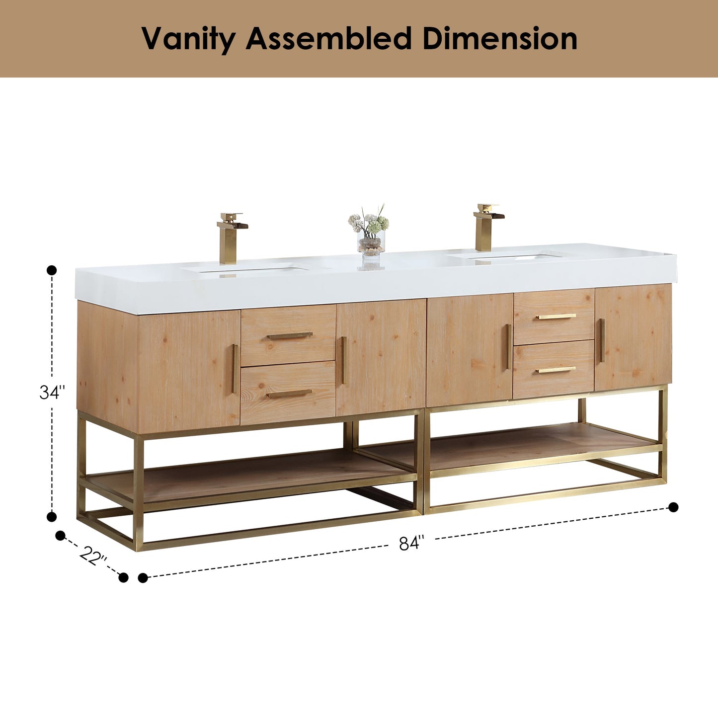 Bianco 84" Double Bathroom Vanity in Light Brown with Brushed Gold Support Base and White Engineered Stone Countertop with Mirror