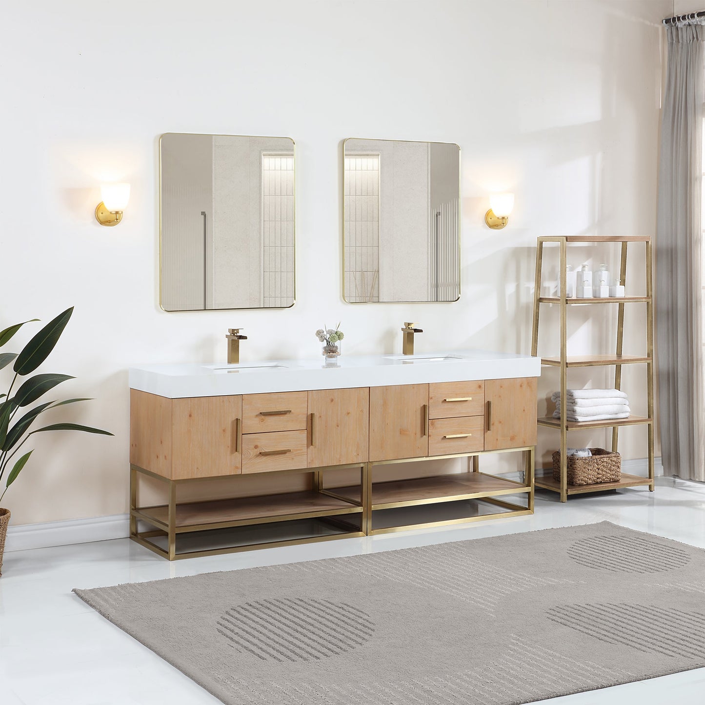 Bianco 84" Double Bathroom Vanity in Light Brown with Brushed Gold Support Base and White Engineered Stone Countertop with Mirror
