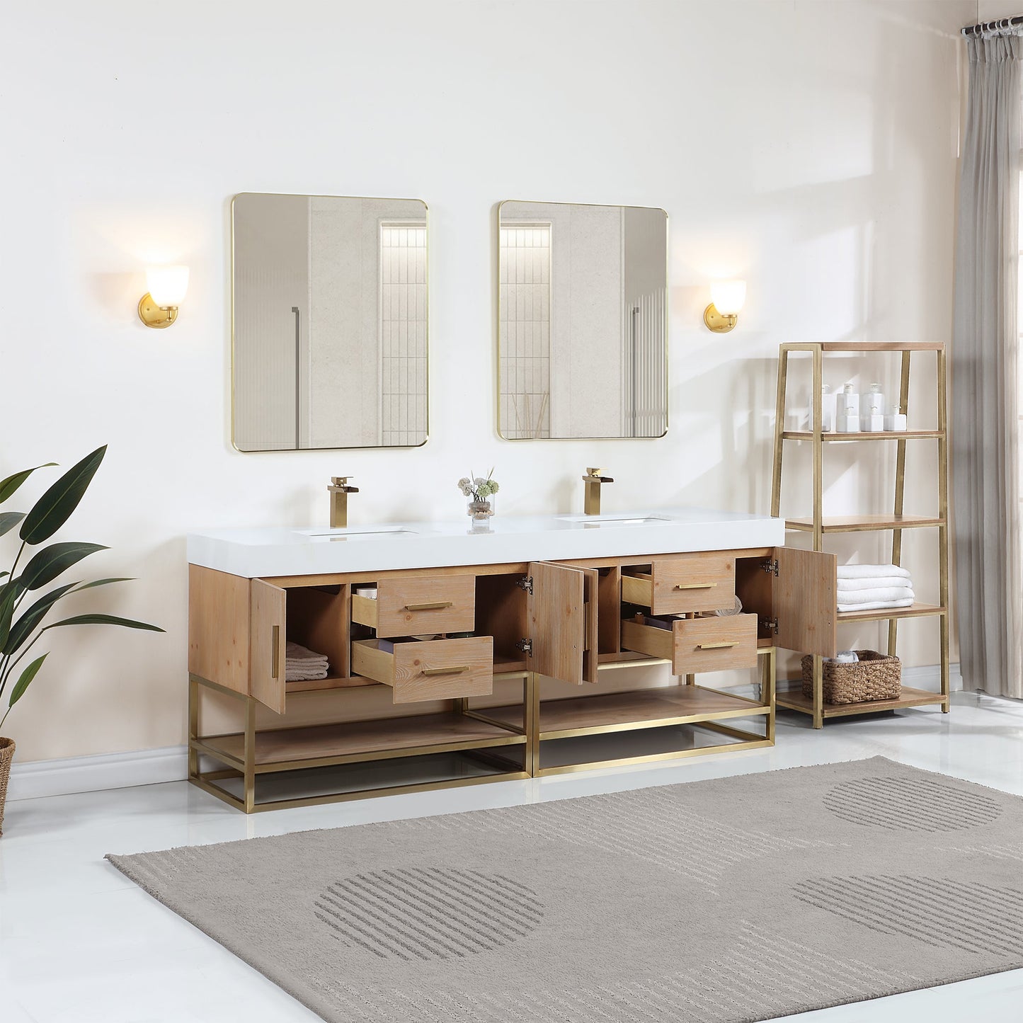 Bianco 84" Double Bathroom Vanity in Light Brown with Brushed Gold Support Base and White Engineered Stone Countertop with Mirror