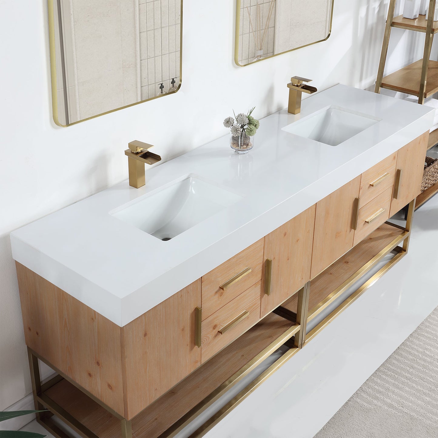 Bianco 84" Double Bathroom Vanity in Light Brown with Brushed Gold Support Base and White Engineered Stone Countertop with Mirror