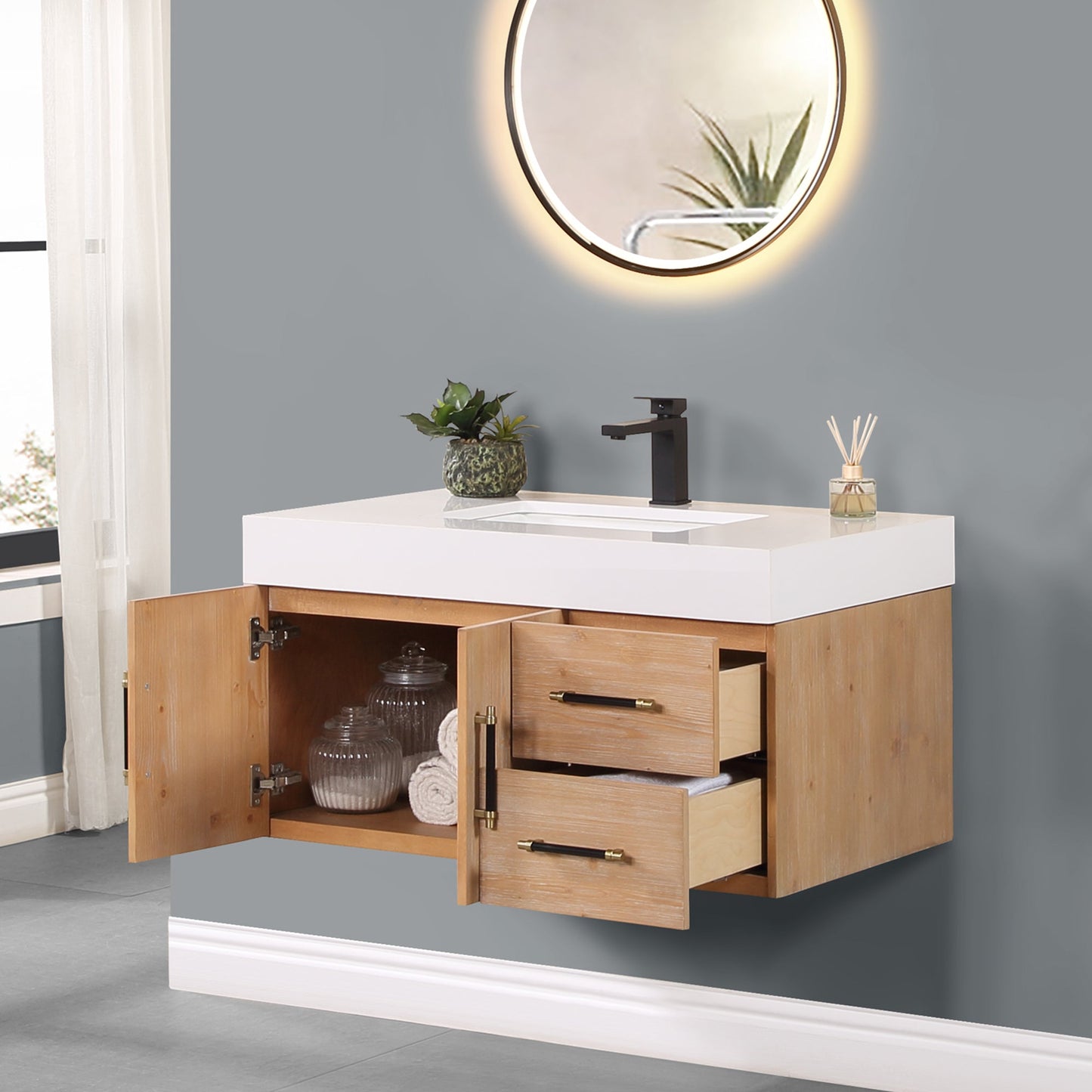 Corchia 36" Wall-mounted Single Bathroom Vanity in Light Brown with White Engineered Stone Countertop without Mirror