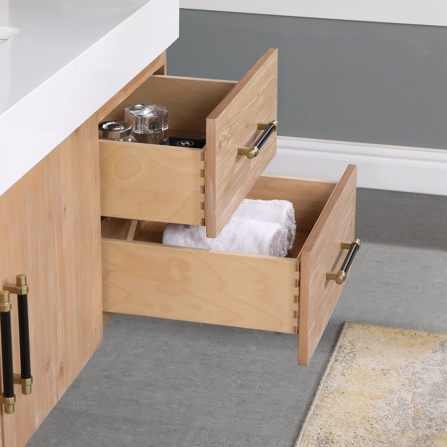 Corchia 48" Wall-mounted Single Bathroom Vanity in Light Brown with White Engineered Stone Countertop without Mirror