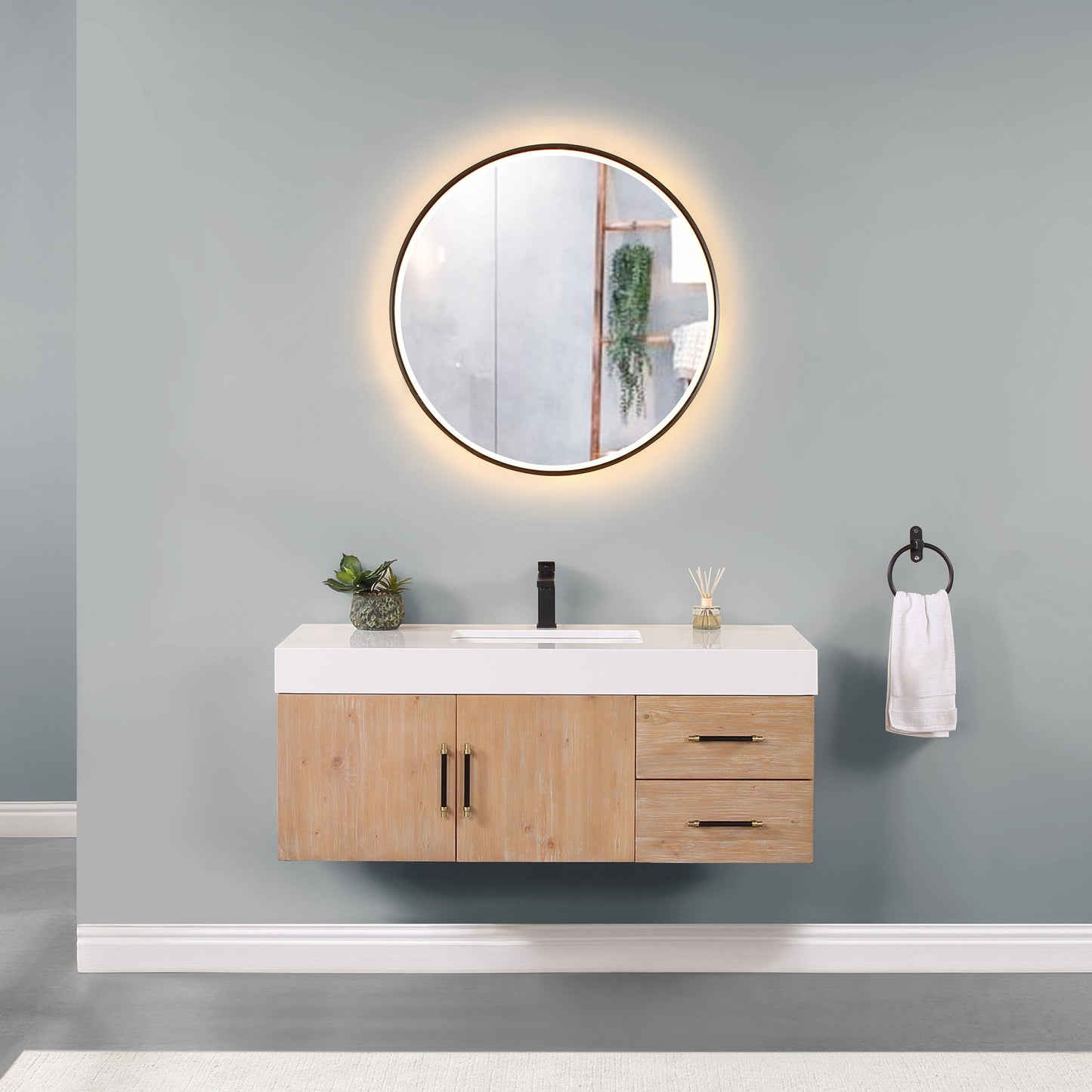 Corchia 48" Wall-mounted Single Bathroom Vanity in Light Brown with White Engineered Stone Countertop with Mirror