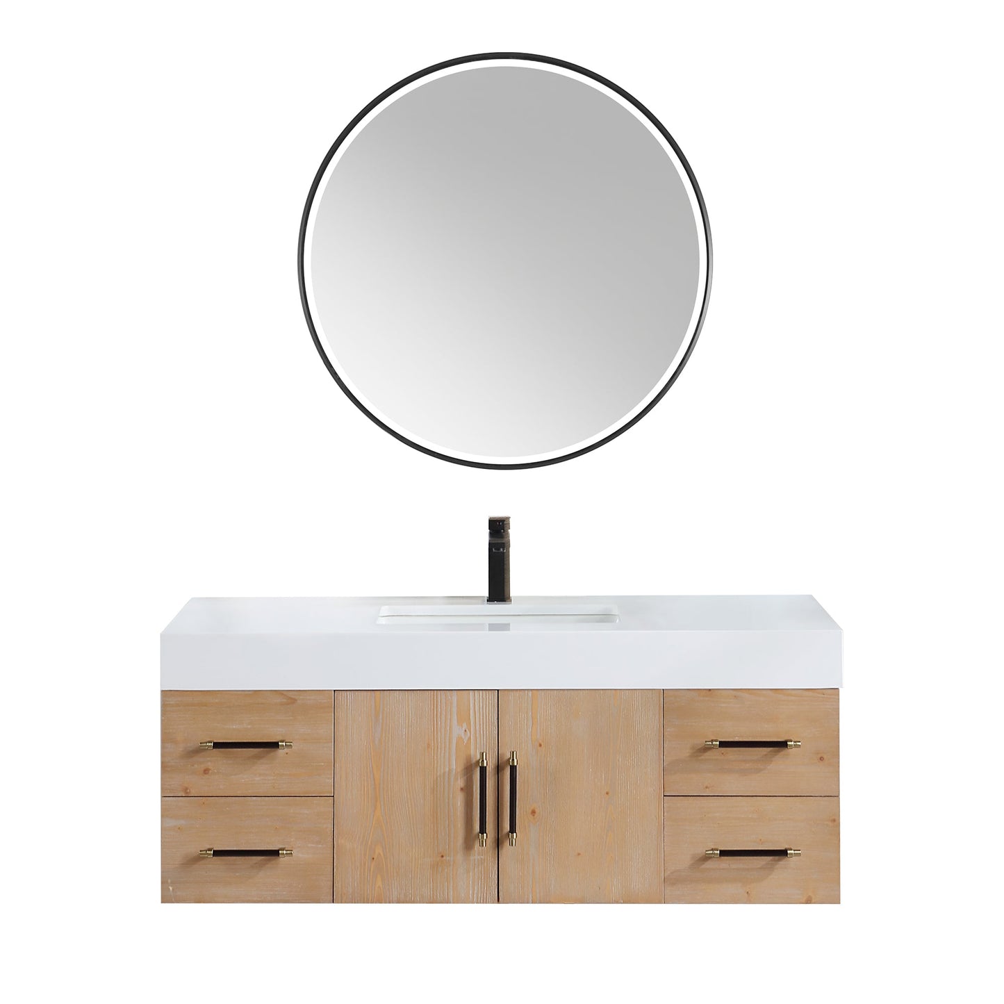 Corchia 48D" Wall-mounted Single Bathroom Vanity in Light Brown with White Engineered Stone Countertop with Mirror