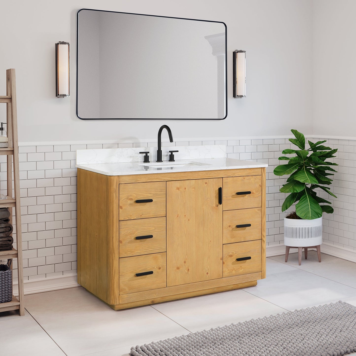 Perla 48" Single Bathroom Vanity in Natural Wood with Grain White Engineered Stone Countertop without Mirror